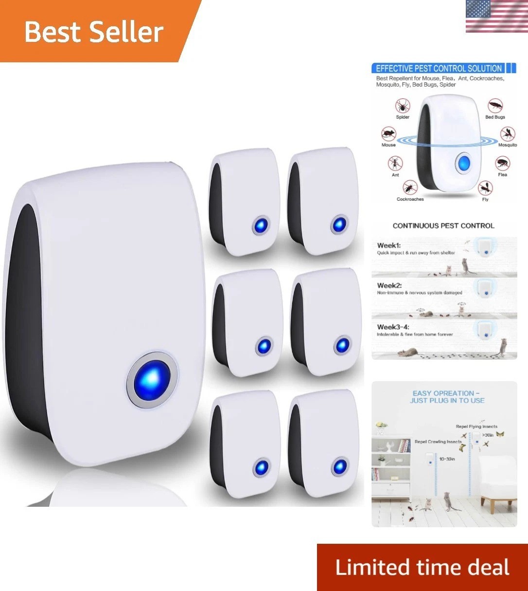 Silent and Effective Ultrasonic Pests Repeller – 6 Pack, Safe Home Solution