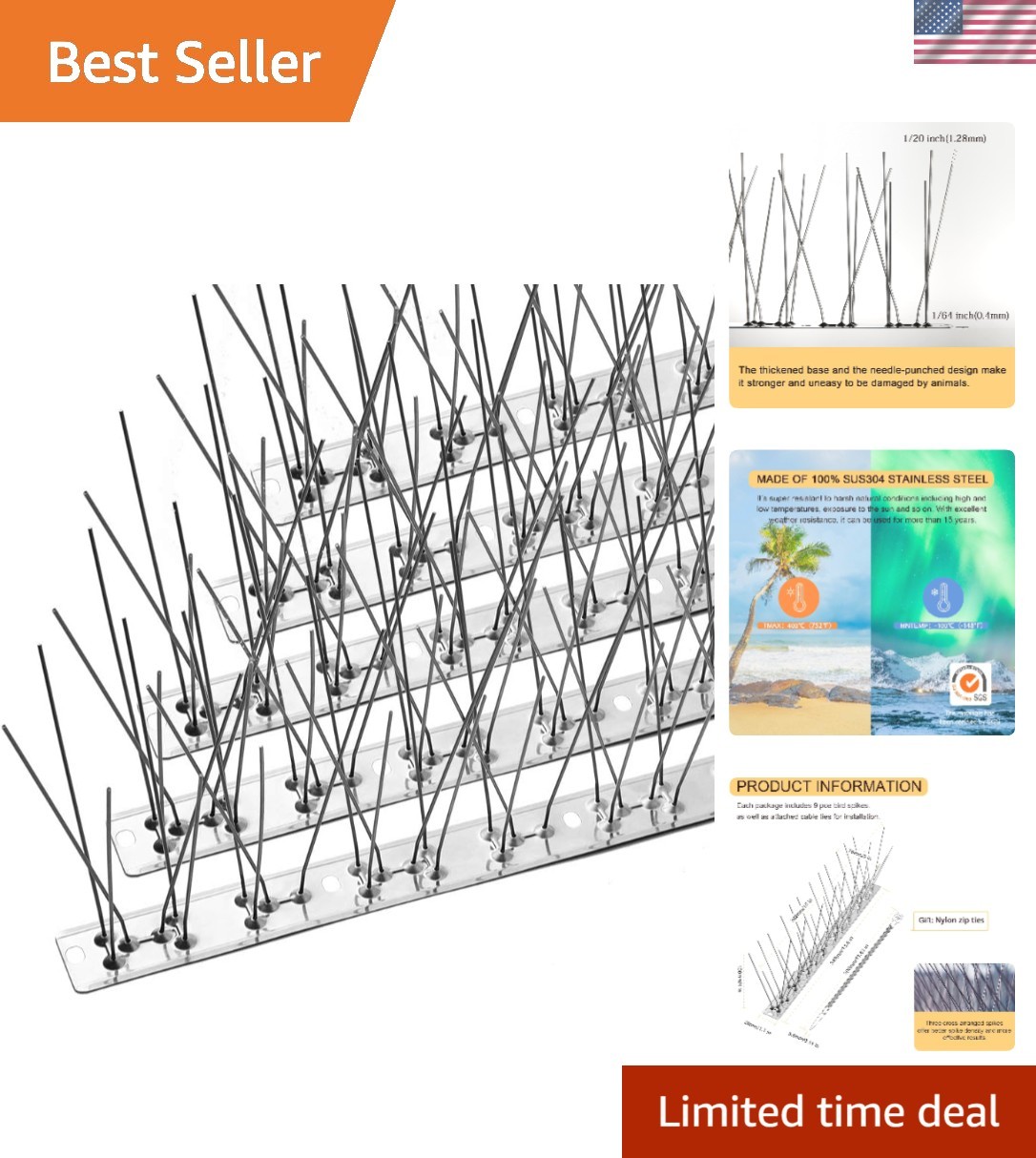 Modern Bird Spike Solutions – Durable Stainless Steel, 9 Piece Set for 10.2 Feet