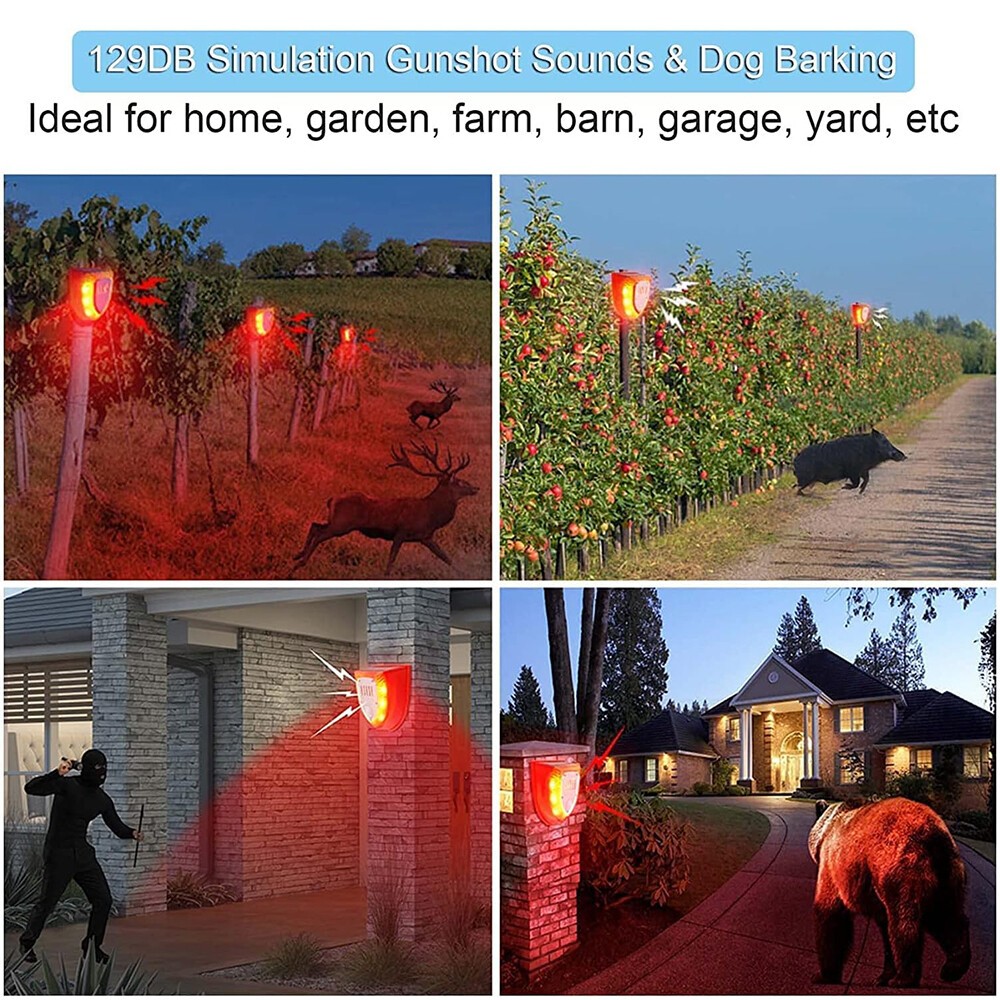 1PCS Solar Motion Sensor Alarm Lamp 129dB Gunshot Sounds & Dog Barking Sound