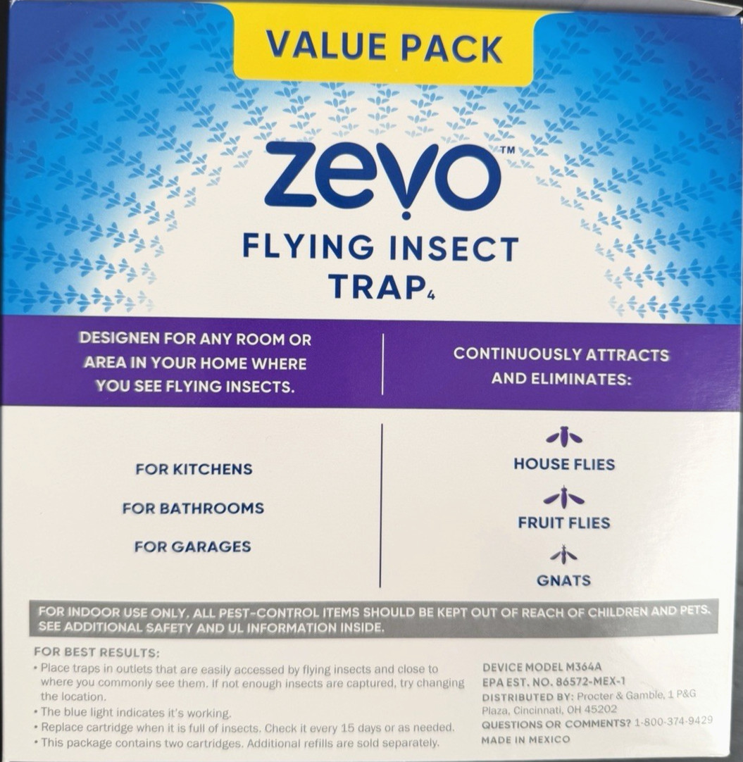 Zevo Plug-In Fly Trap 2 Plug-in Bases + 2 Cartridges Blue UV Light -VALUE 2 PACK