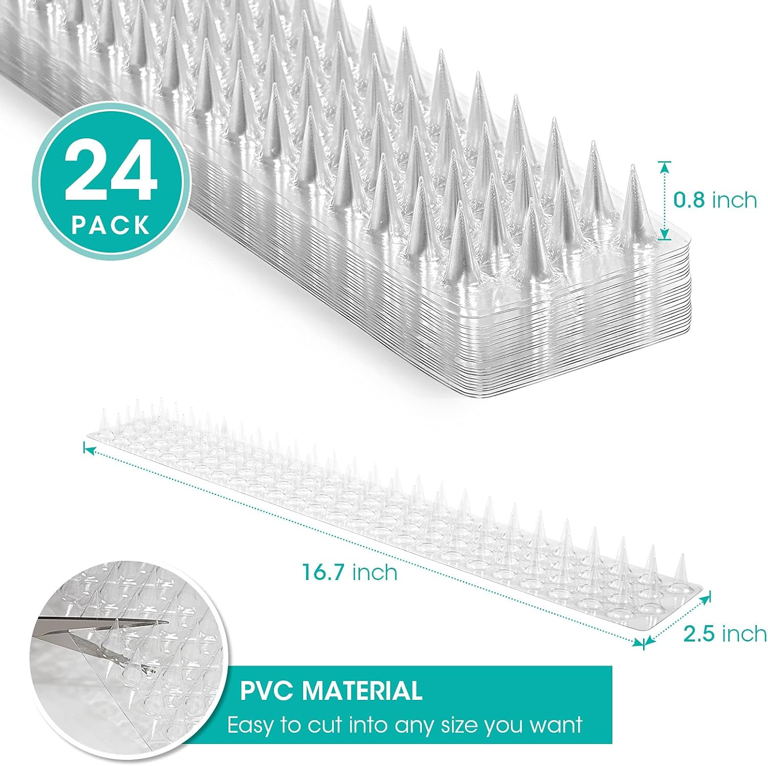24 Pack Clear Transparent PVC Bird Spike Strips for outside Fences and Roofs to