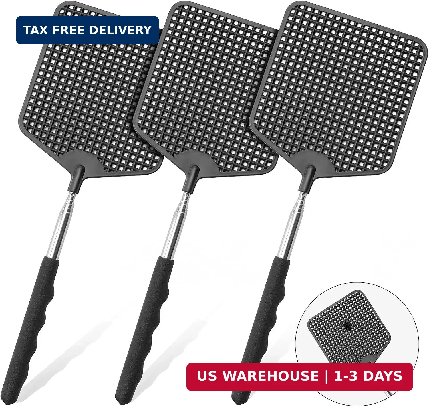 Telescopic Fly Swatter 3 Pack, Heavy Duty Flyswatters with Stainless Steel Handl