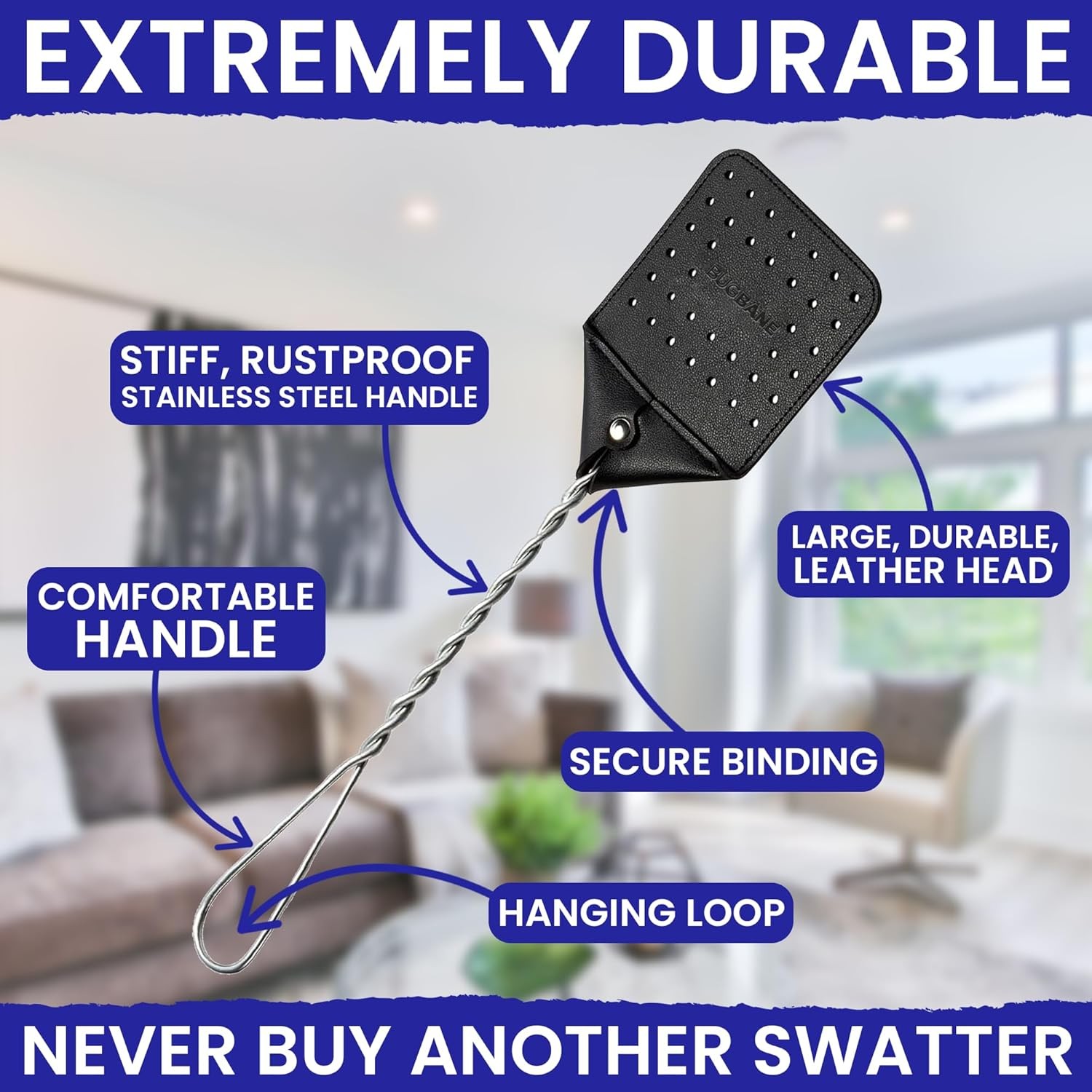 2 Leather Fly Swatter for Indoors. Long Handle, Heavy Duty Black