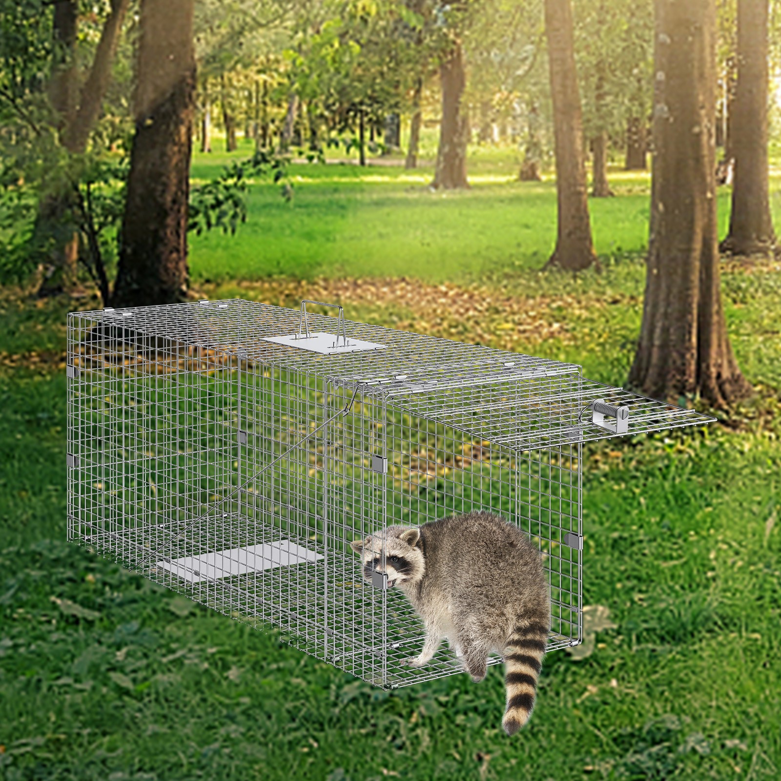 VEVOR Live Animal Cage Trap 42″ x 16″ x 18″ Humane Cat Trap Cats Squirrels Mouse
