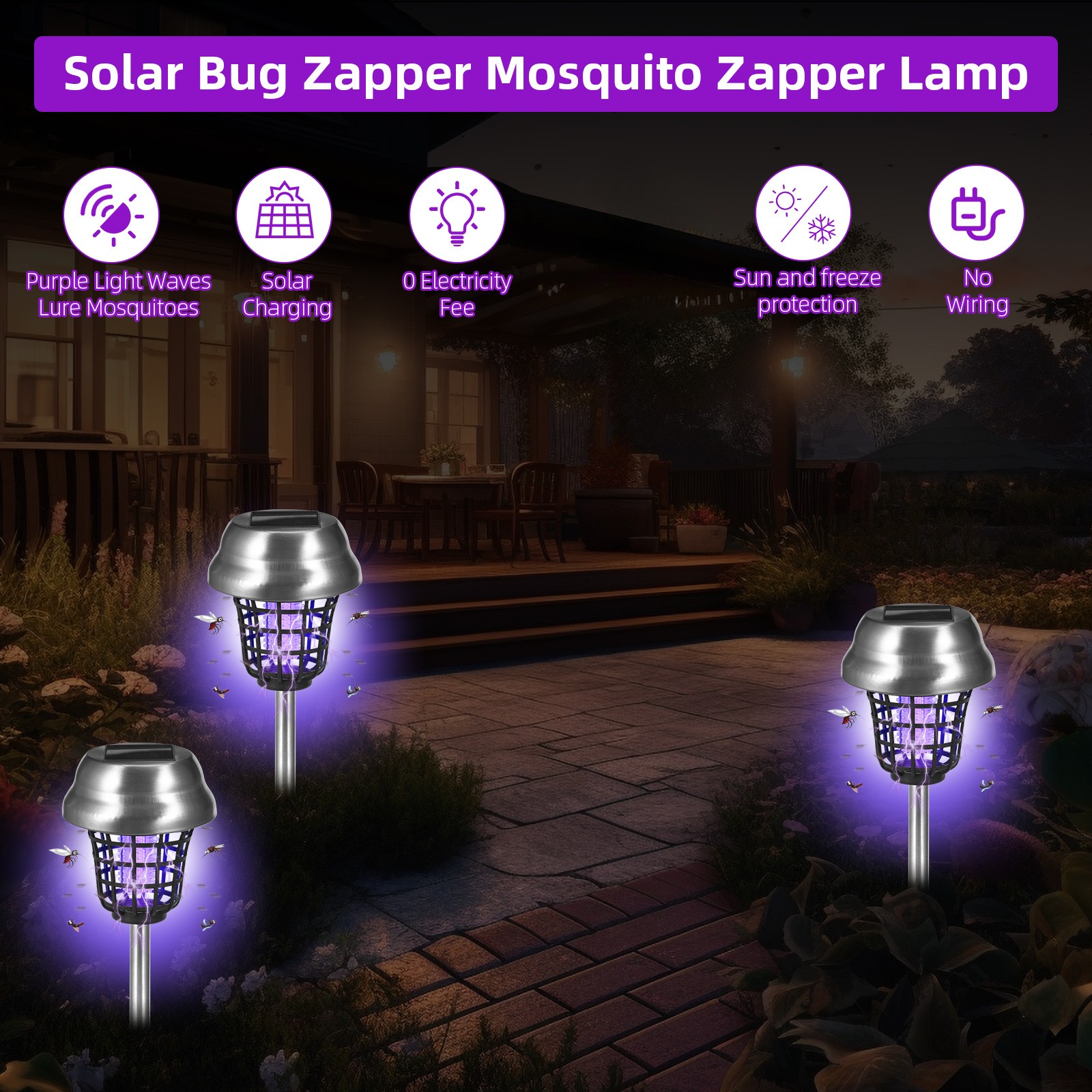 2 Pack Solar Mosquito Killer Lamp LED Bug Zapper for Yard