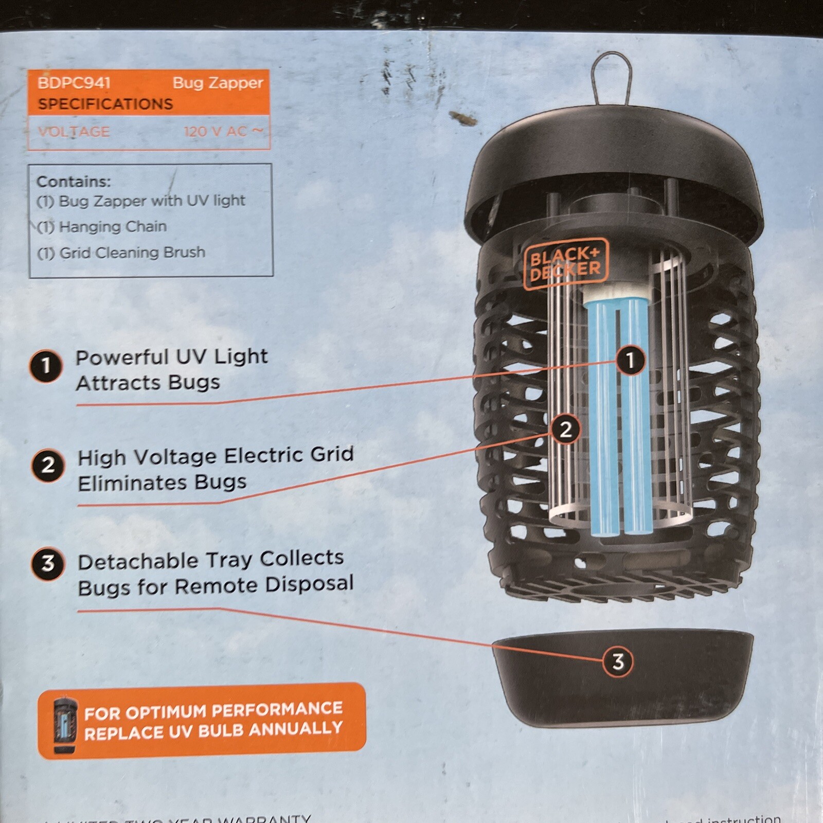 BLACK+DECKER BDPC941 Outdoor Hanging Bug Zapper 600 Square Ft UV Detachable Tray