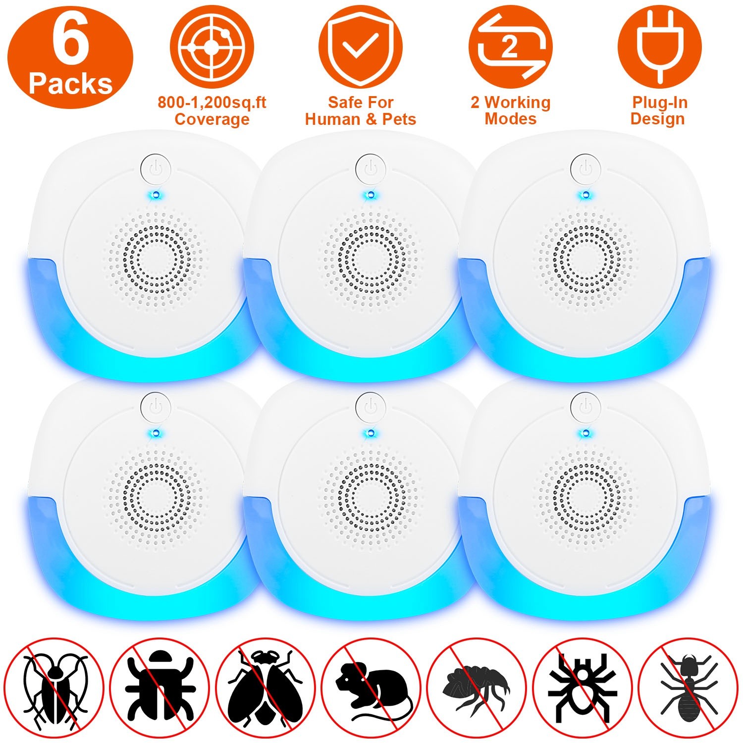 6 Pack Ultrasonic Pest Repeller Plug-In Rodent Control Electronic Roach Mice US