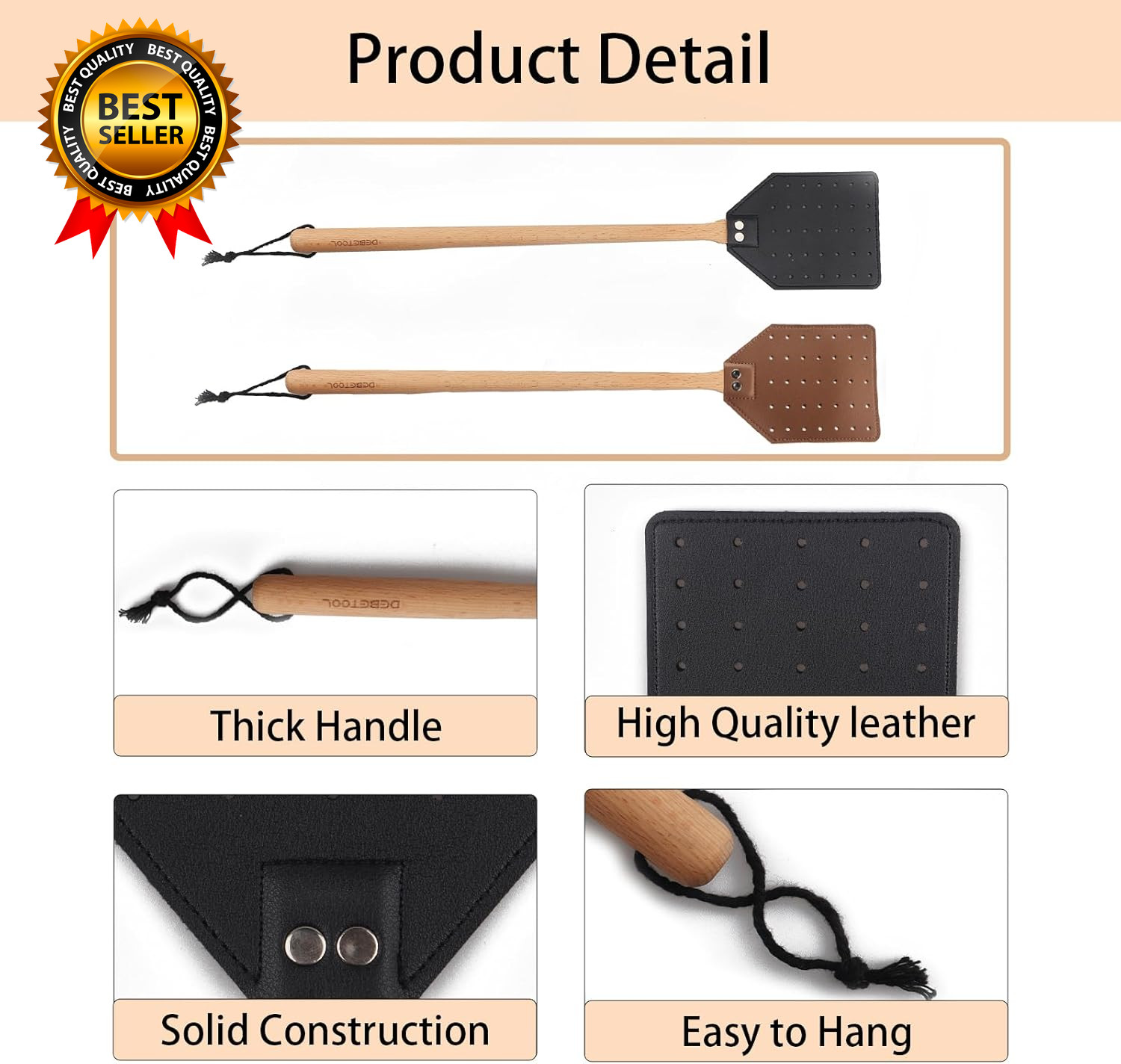 2 Pack Sturdy Leather Fly Swatter for Indoors (19.7”)Long Handle Heavy Duty