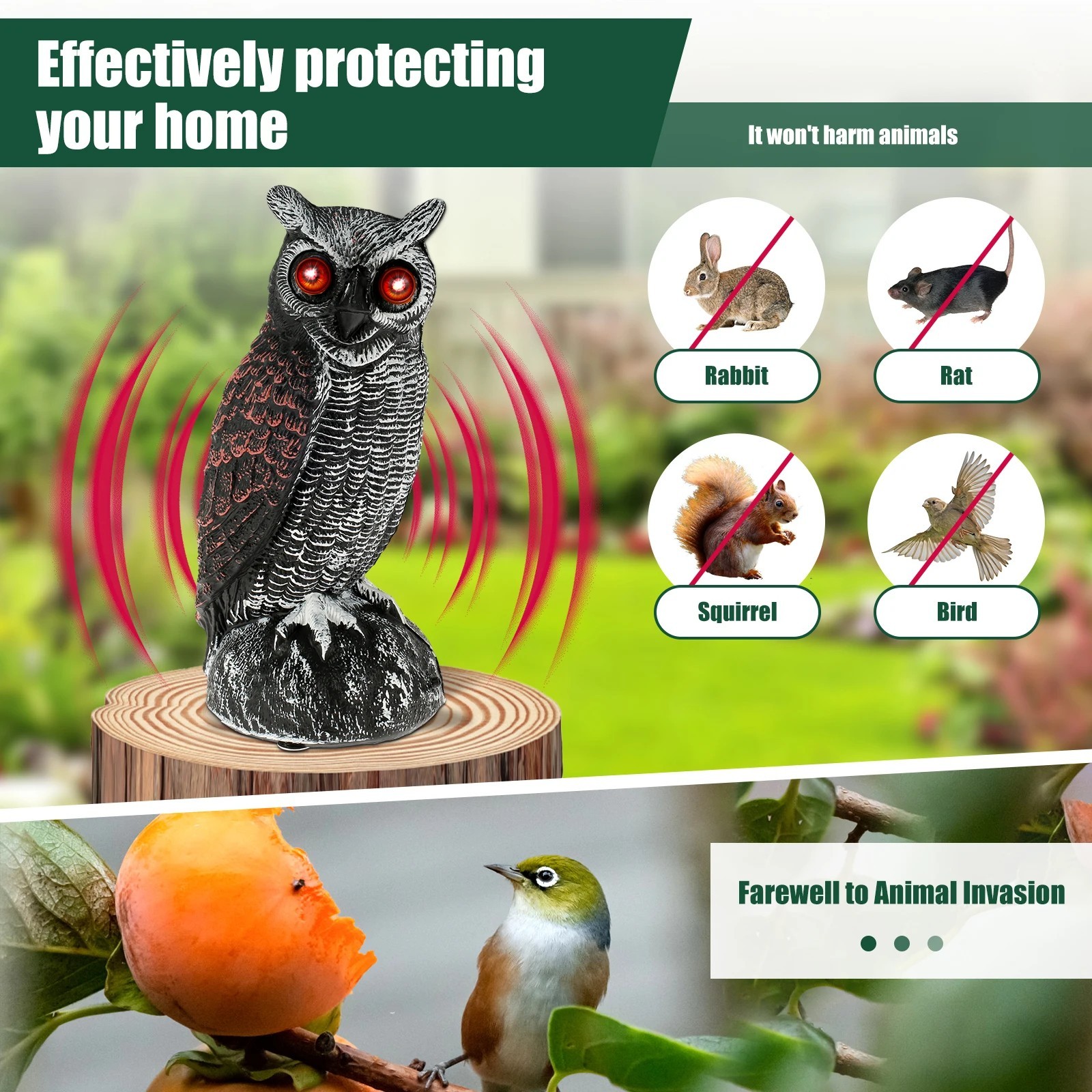 Solar Powered Fake Owl Decoy Scarecrow w/Flashing Eye & Sound For Garden Outdoor