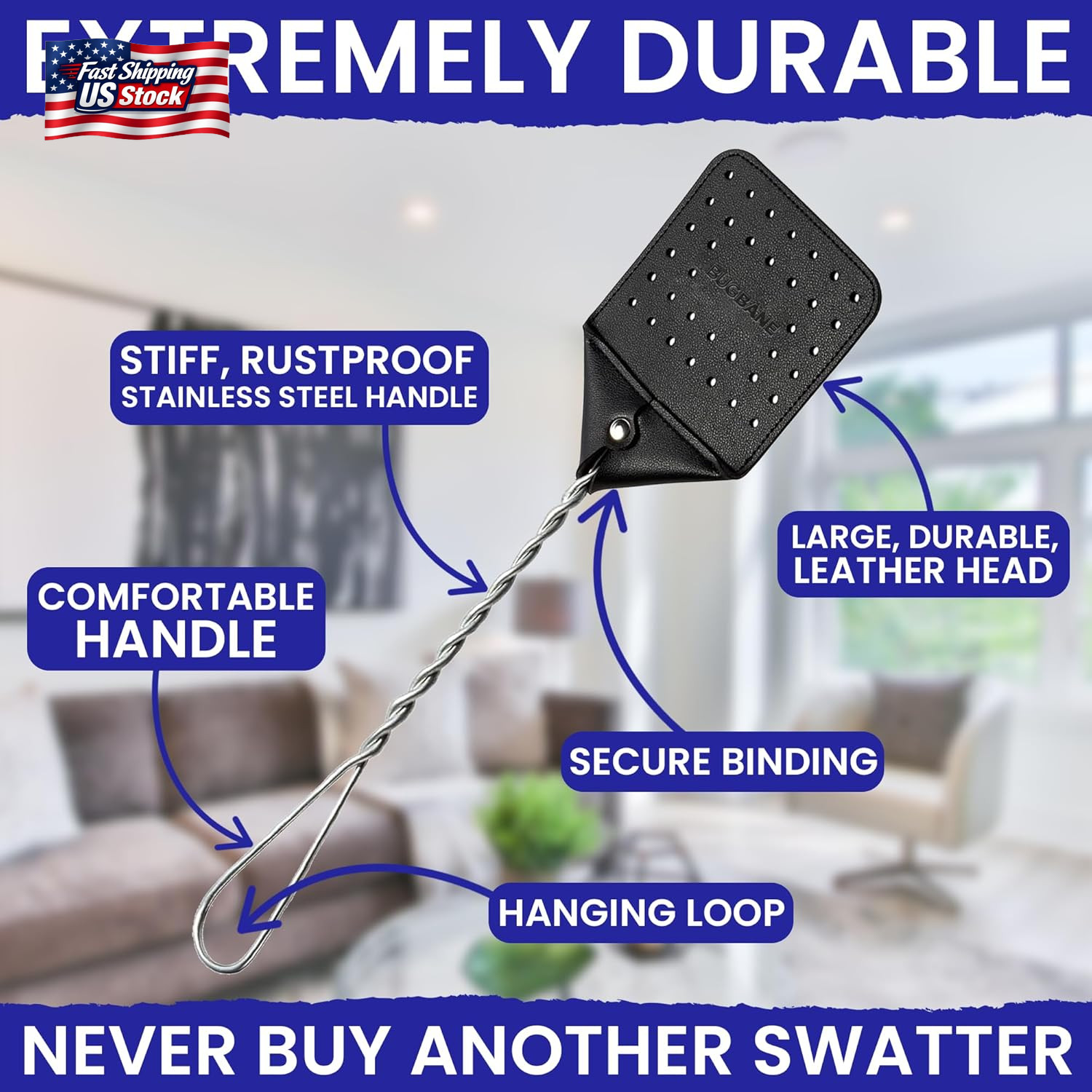 2 Leather Fly Swatter for Indoors. Long Handle, Heavy Duty Fly Swatter Manual Mu