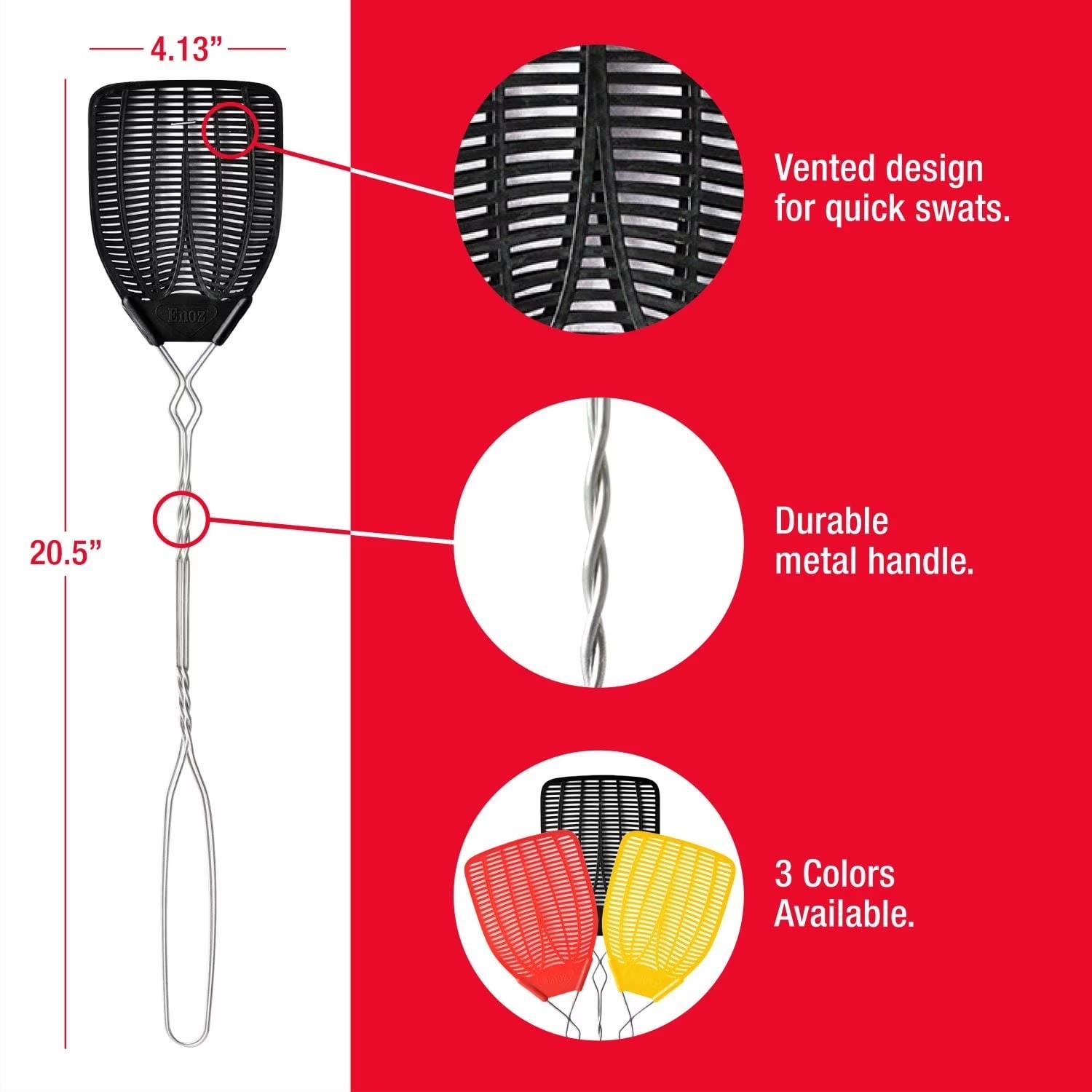 (3 pack)Enoz Fly Swatter, Wire Handled Plastic Fly Swatter, Assorted Colors,2 ct