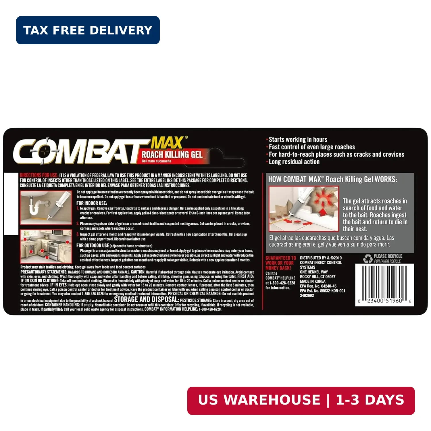 Combat Max Roach Killing Gel for Indoor and Outdoor Use 1 Syringe 2.1 Ounce