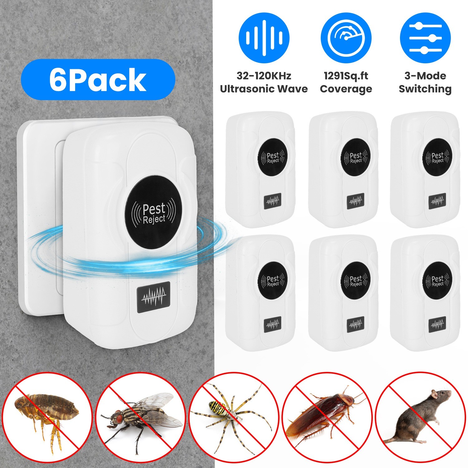 6 Pack 32-120KHz Ultrasonic Insect Plug In Bug