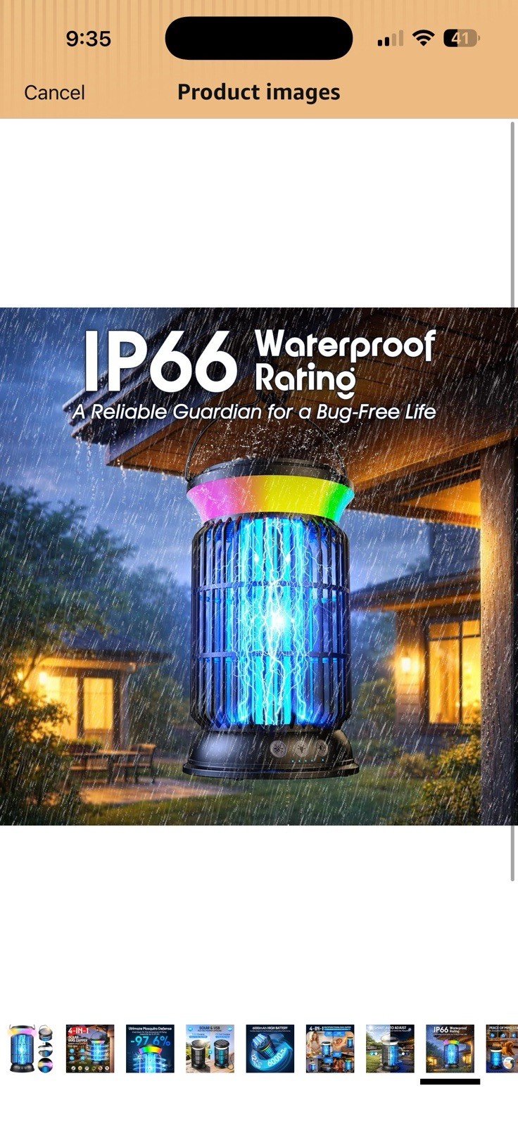 Solar + USB Bug Zapper Lantern, Waterproof, Indoor/Outdoor, Black