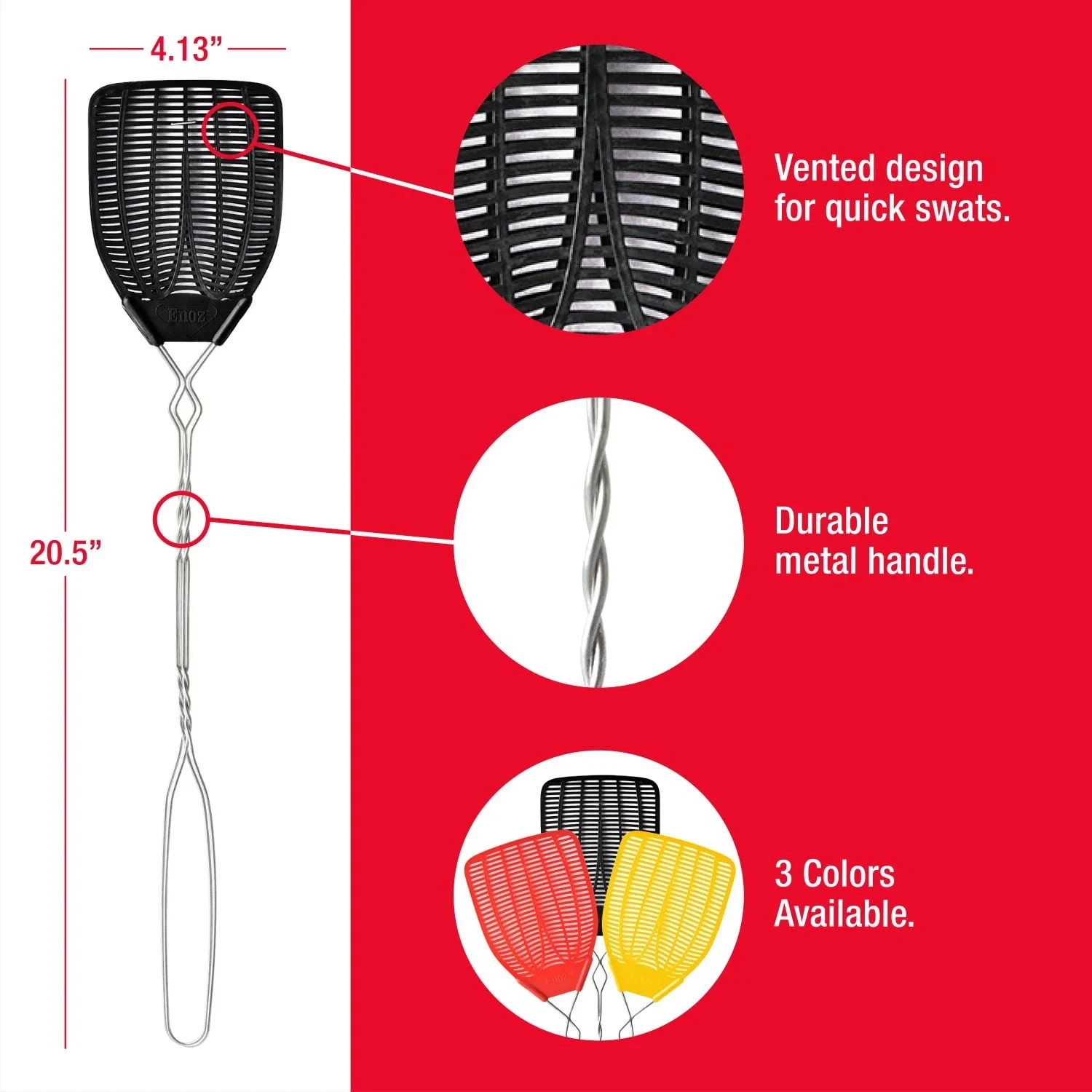 3 Pack Enoz Fly Swatter Wire Handle Plastic Bug Fly Swatters Assorted Colors