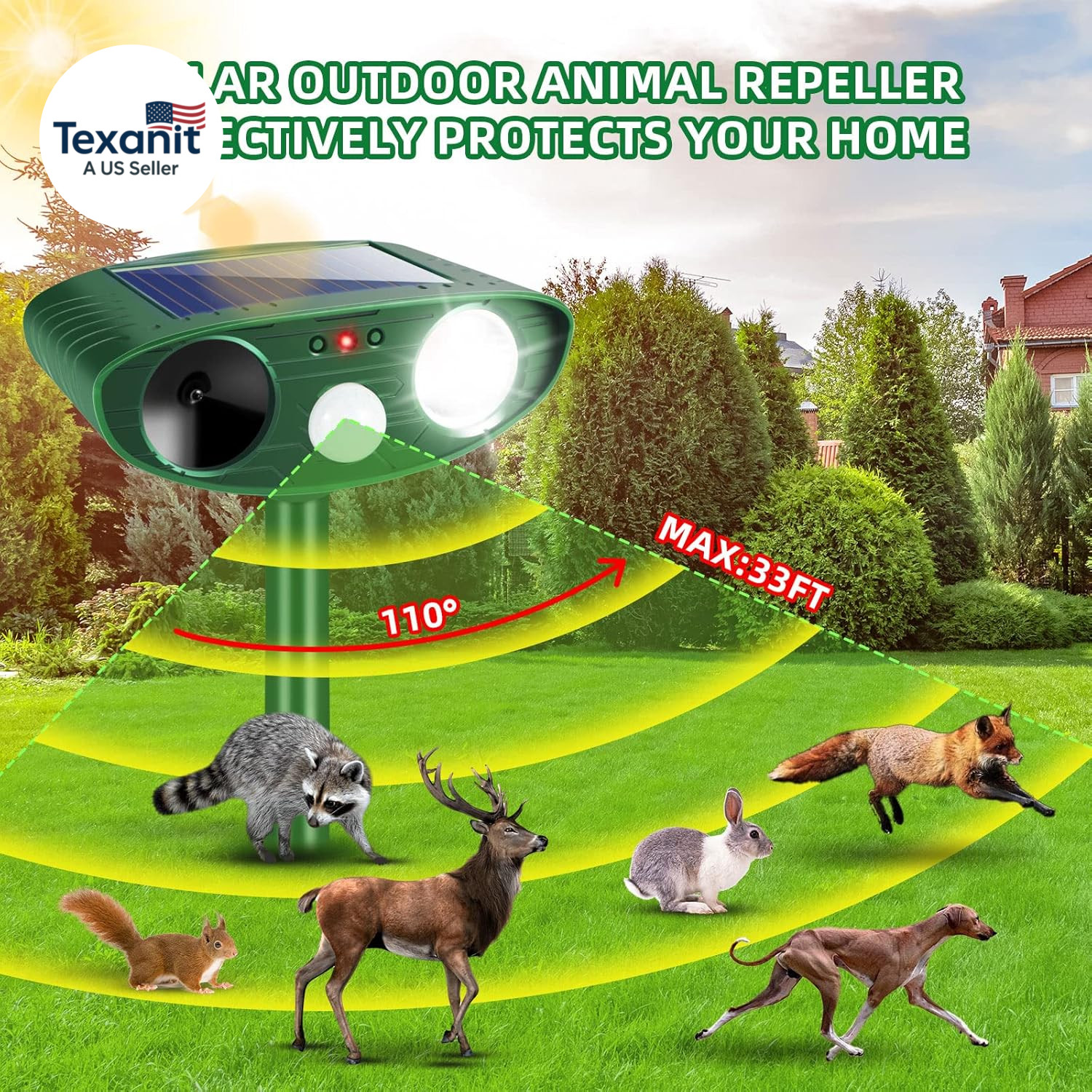 2026 New Squirrel Racoon Fortress Pro Deer Repellent, Solar Ultrasonic Animal Re