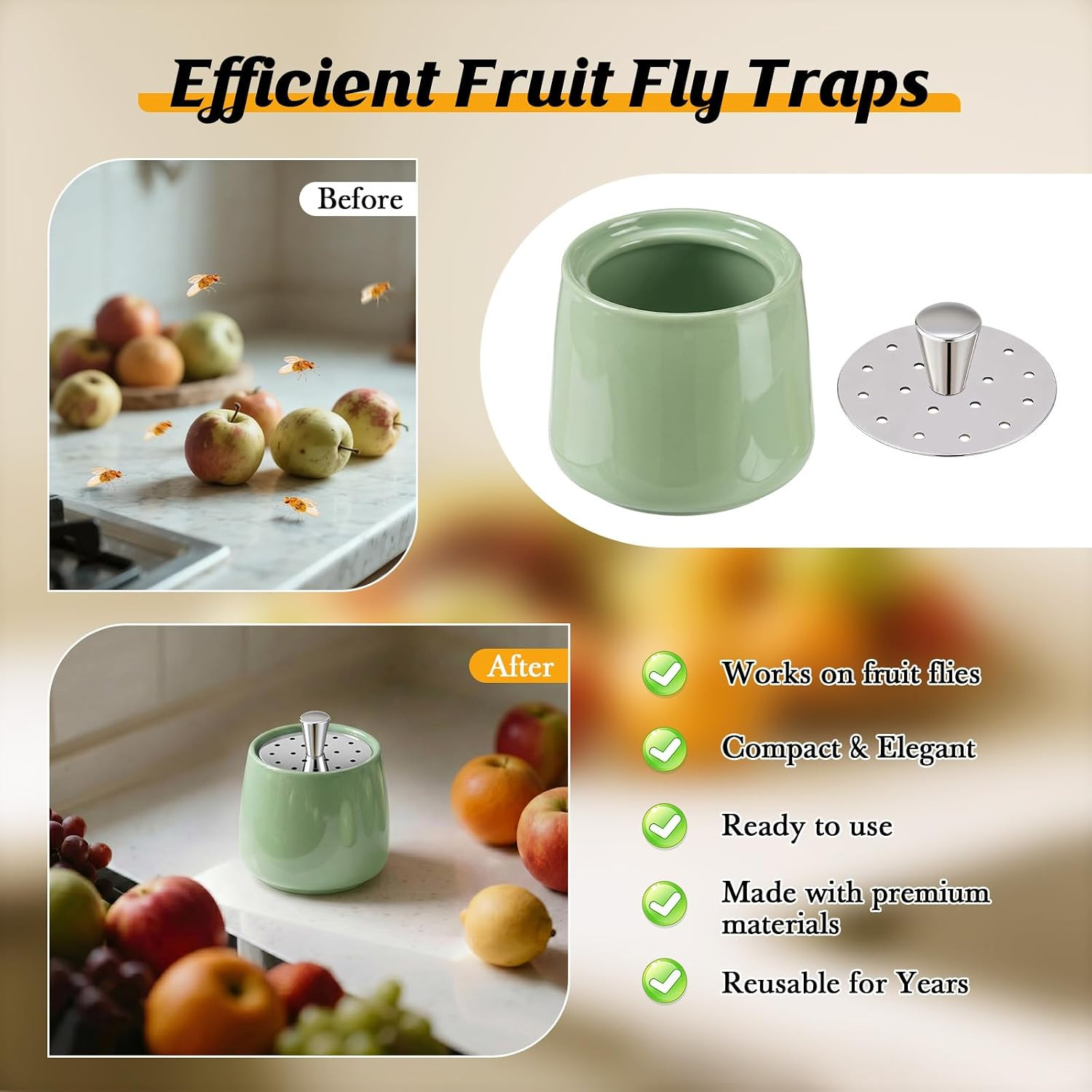 Ceramic Fruit Fly Trap for Indoors, Reusable Kitchen Fly Catcher with Stainless