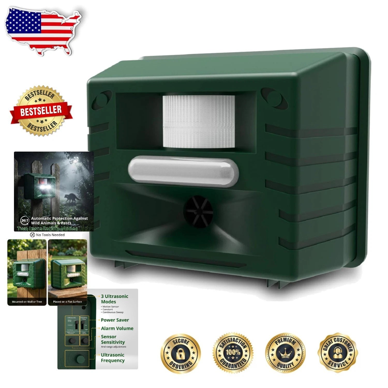 Effective Yard Sentinel Repeller, Ultrasonic, 3 Modes, Dual Power, Wide Coverage