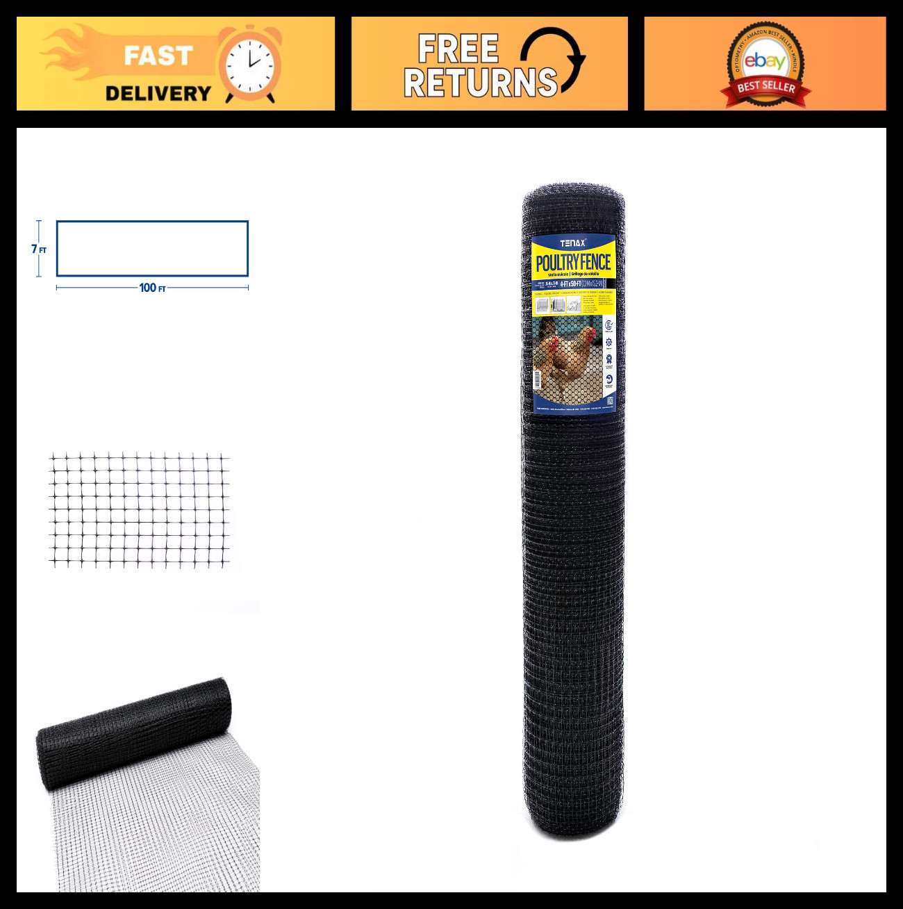 Heavy Duty Deer Netting 7ft x 100ft – Garden Protection, Black Polypropylene