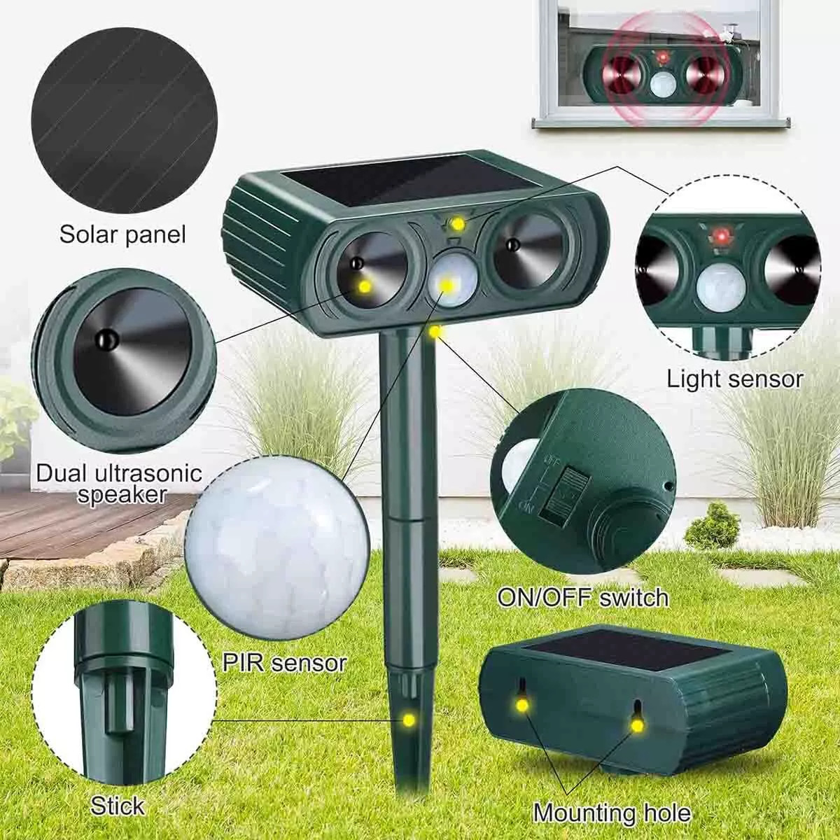 4 Pack Animal Repeller Ultrasonic Solar Power Outdoor Pest Cat Mice Deer Sensor
