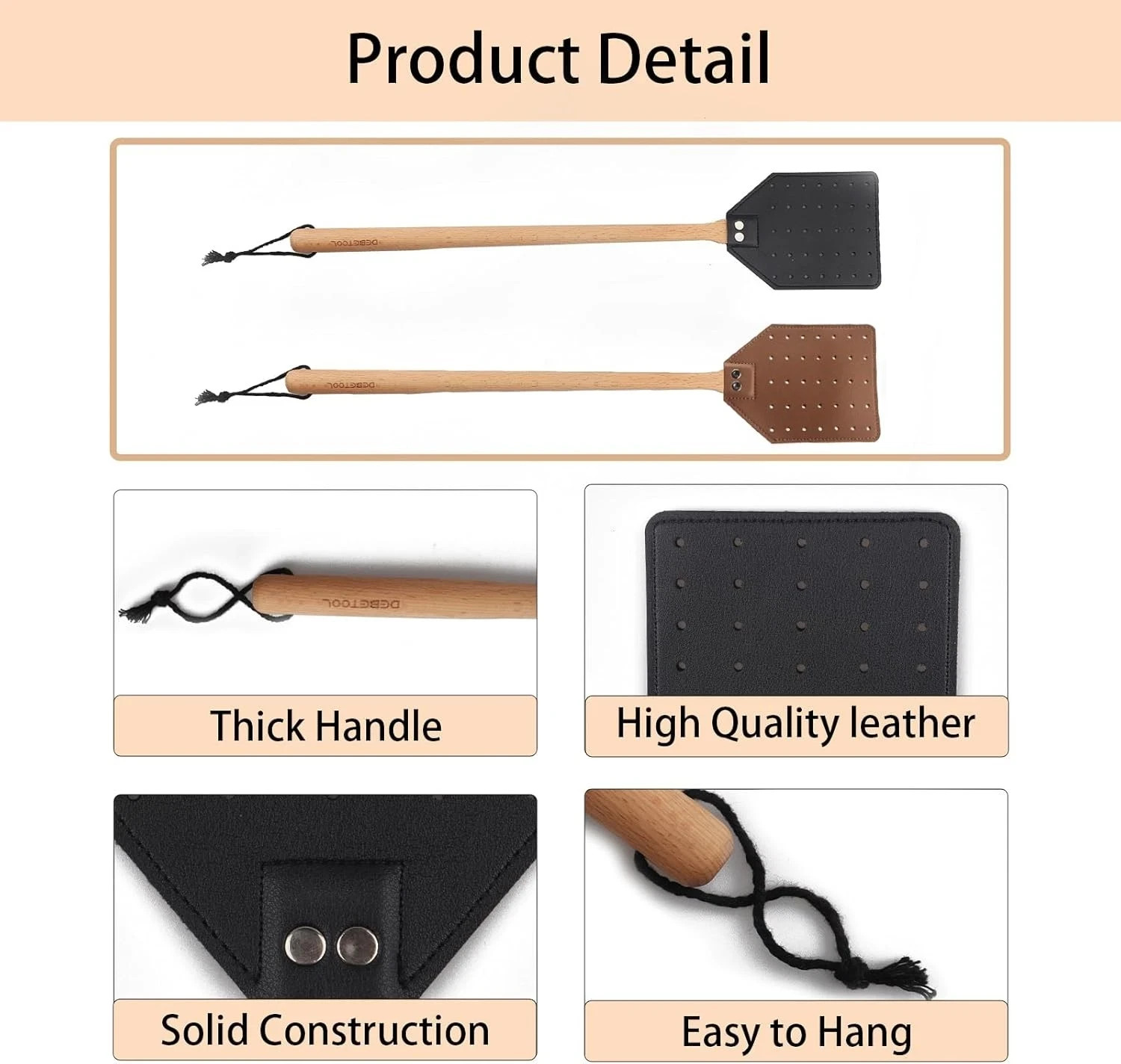 2 Pack Sturdy Leather Fly Swatter for Indoors – (19.7”)Long Handle Heavy Duty Wo