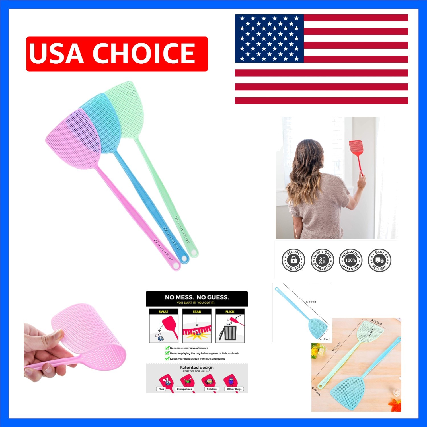 ChicRosa Fly Swatter, 3 Pack Strong Flexible Manual Swat Set, Assorted Colors…