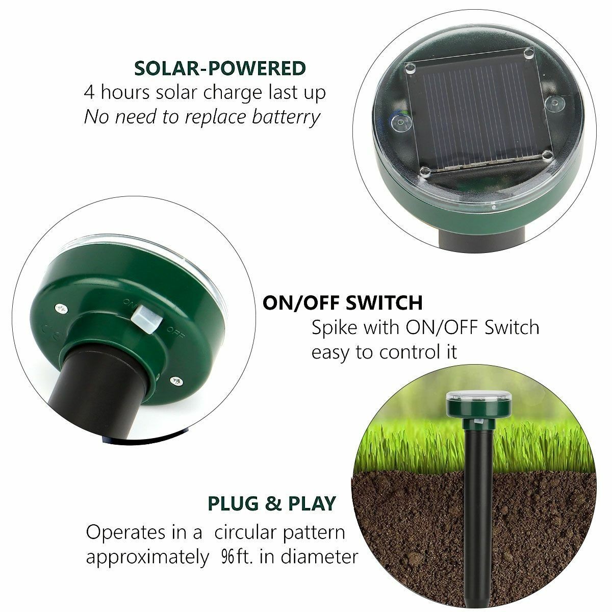 4 PCs Solar Power Ultrasonic Repellent Mice Gopher Mole Snake Squirrel Repeller