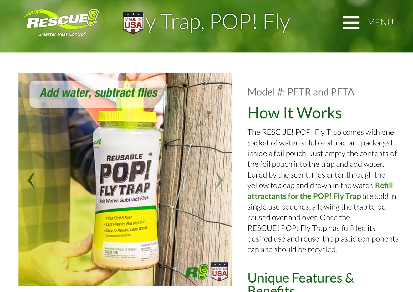 Fly Trap Rescue POP Flying Insect Trap PFTR Smart Pest Control Farm Attractant