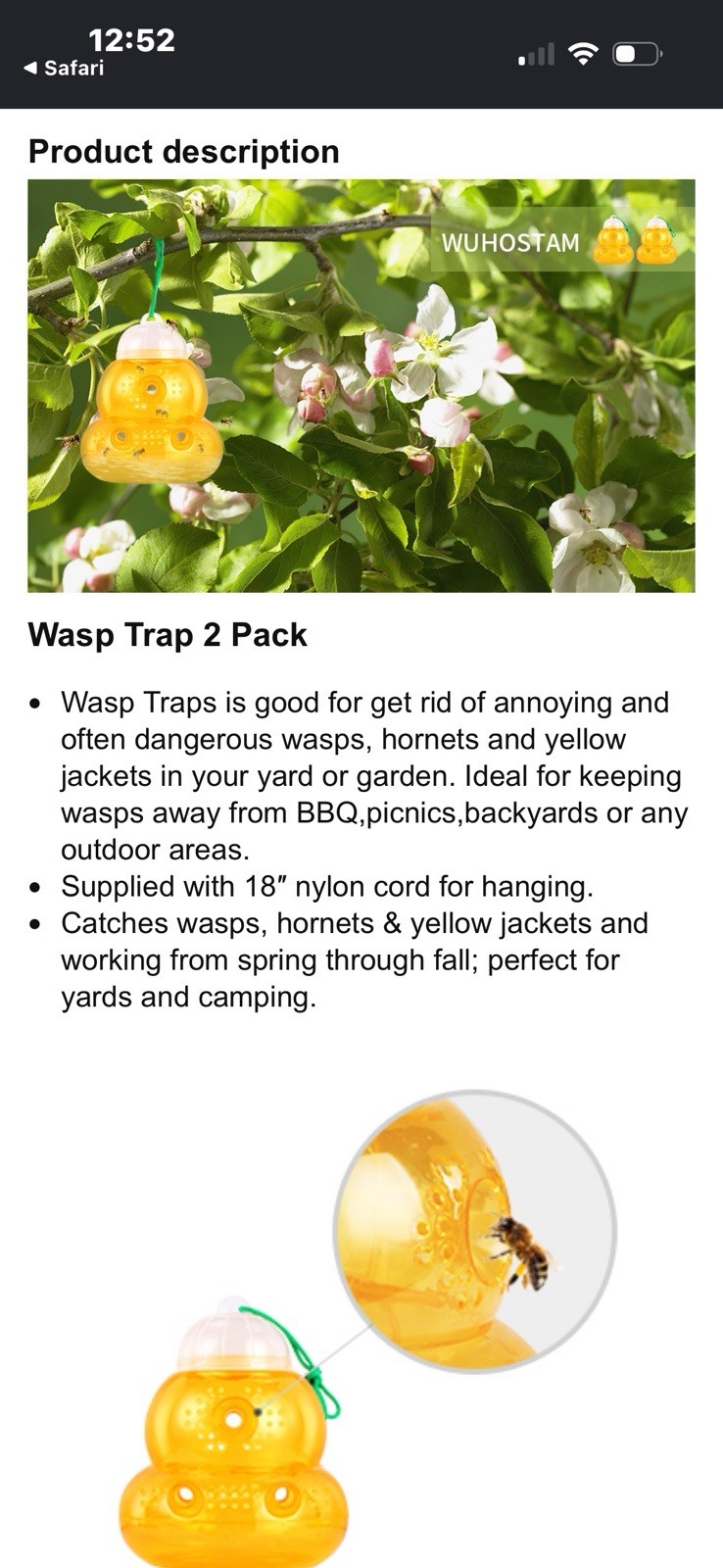 WUHOSTAM Modern Hanging Wasp Trap 2 Pack for Wasps, Hornets, Yellow Jackets