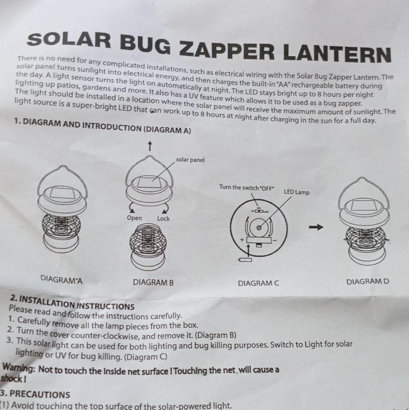 Solar Powered Bug Zapper Outdoor / indoor Lantern Mosquito Killer w/ Stake Light