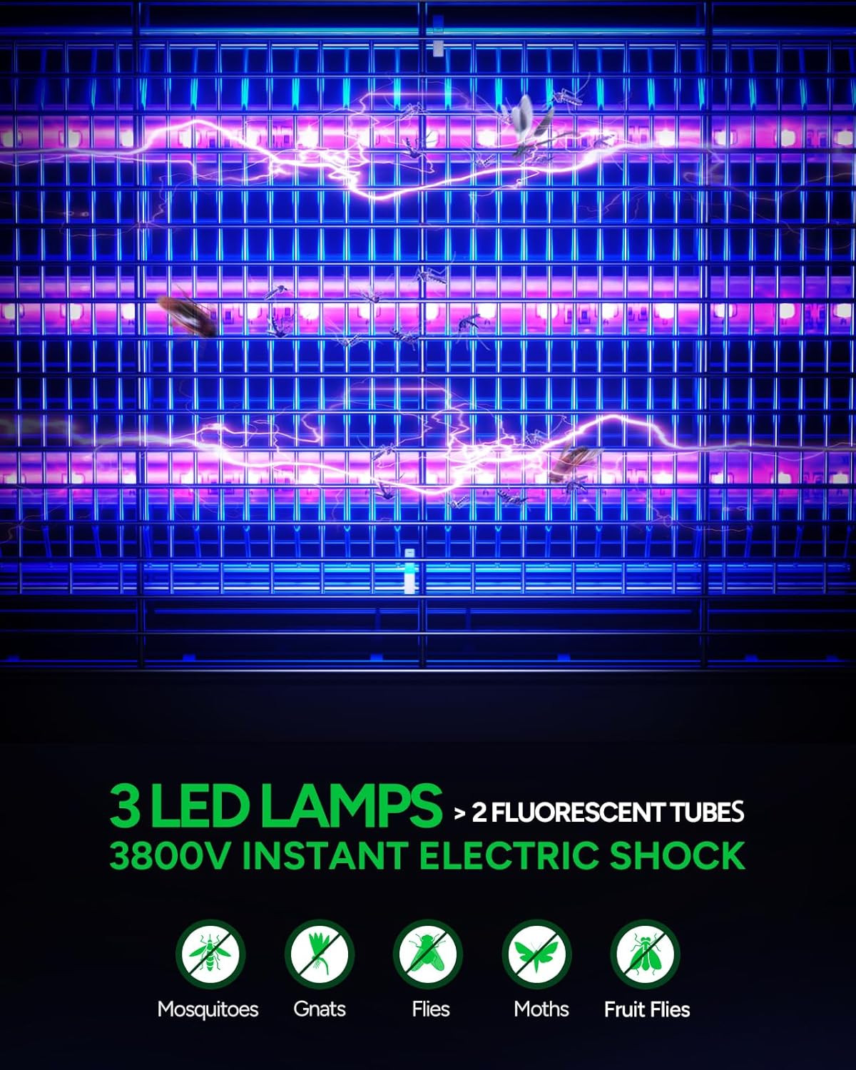LED Bug Zapper Indoor, 10 Years Lifespan 3 Lamps Enhance Insect Attraction, 3800