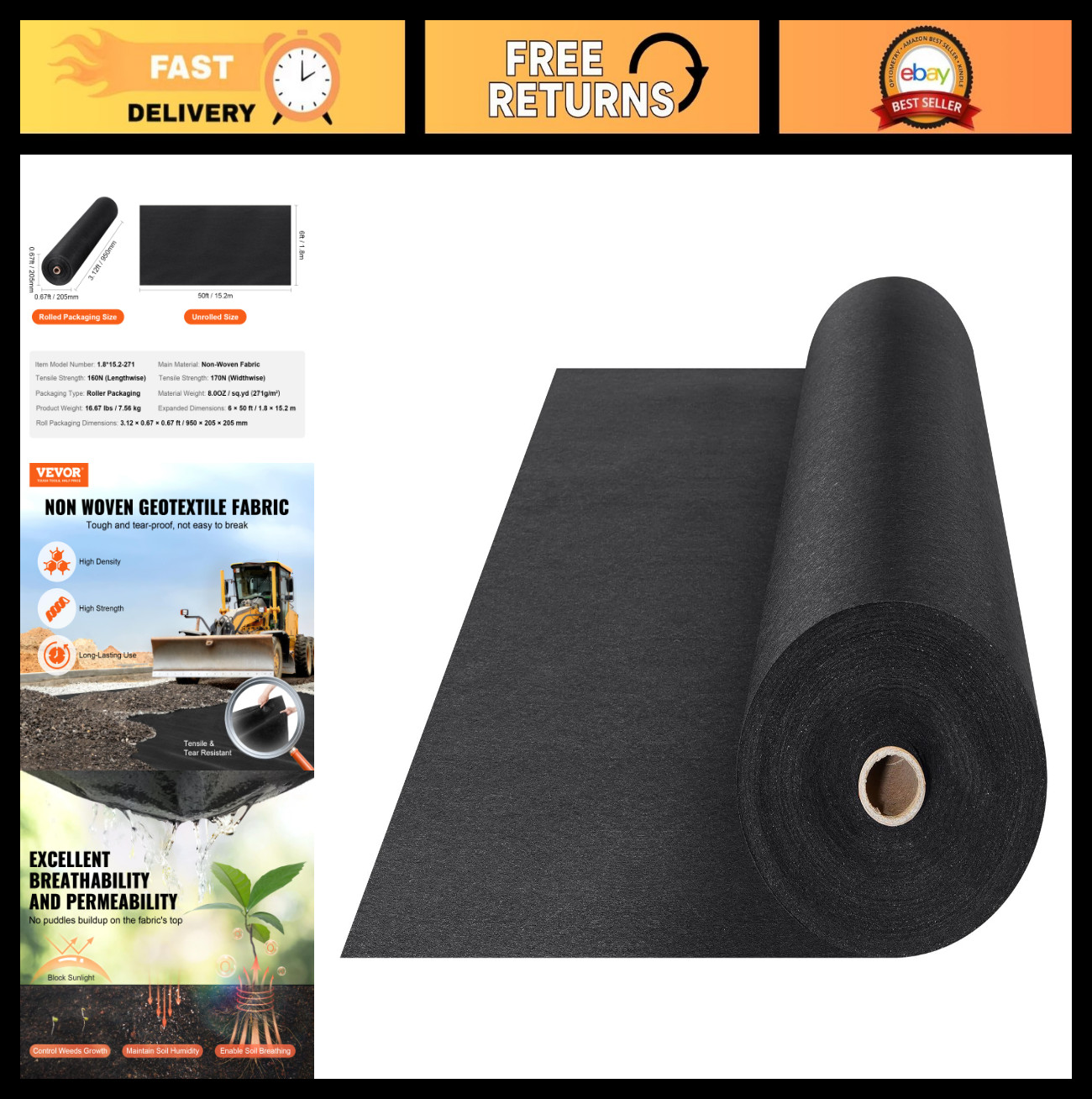 6ft x 50ft Non-Woven Geotextile Fabric – Drainage, Ground Cover, Garden Use, 8oz