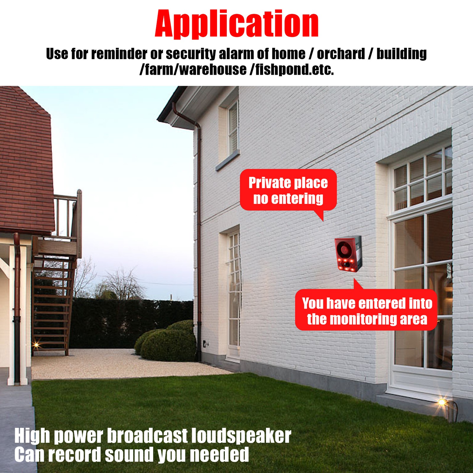 Solar Outdoor Motion Sensor Alarm 130dB Dog Barking & Gunshot Sound Strobe Light