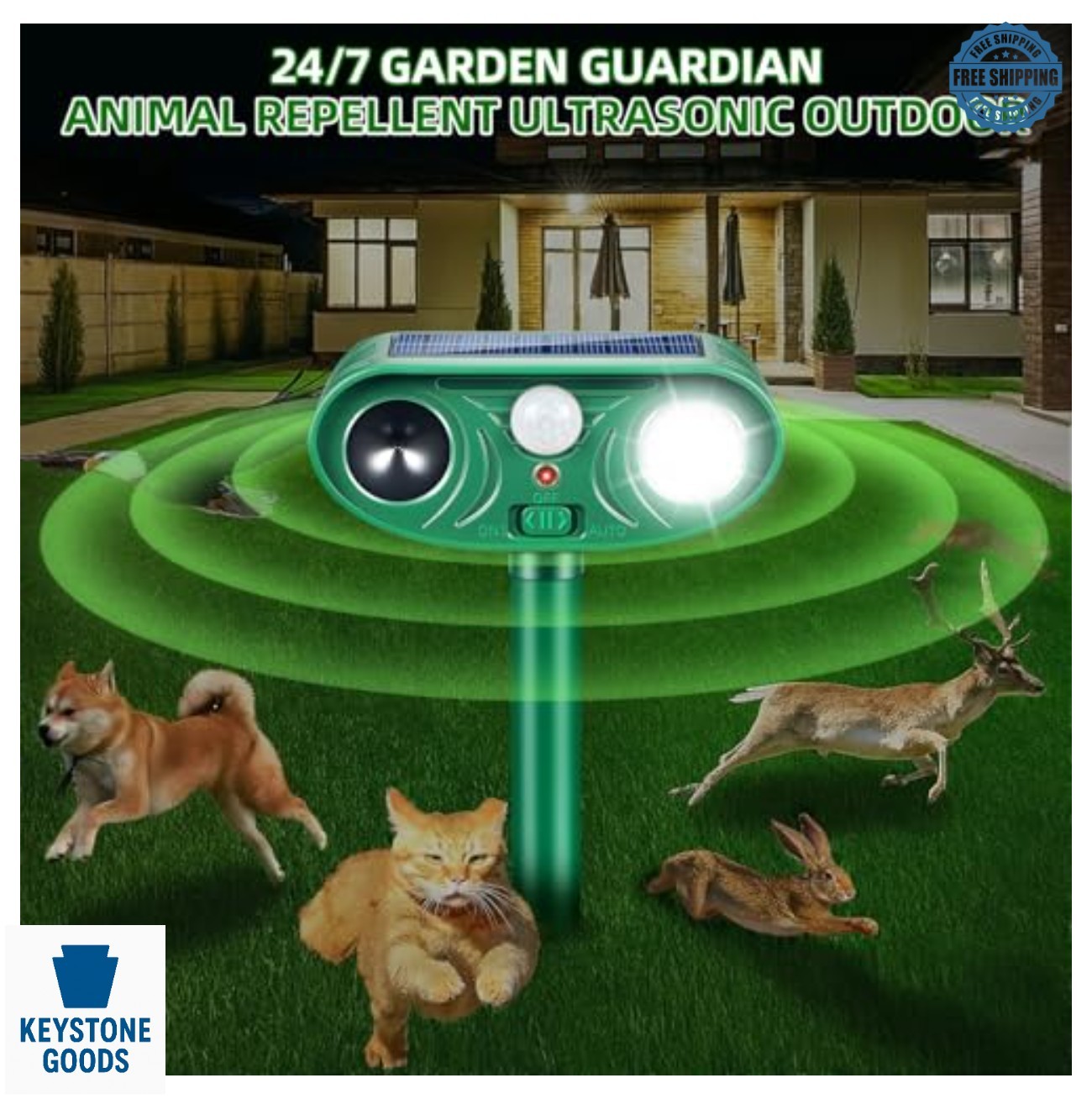 Solar Ultrasonic Animal Repeller 2 Pack Motion Sensor Waterproof LED Strobe Deer