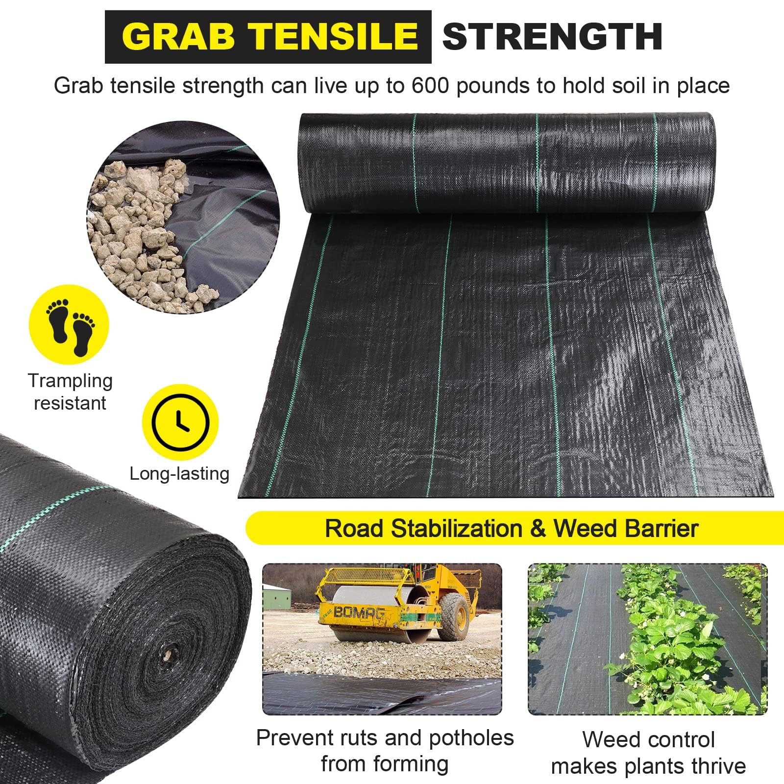 DWALE 3×300 ft 4OZ Black Polypropylene Plain Weed Barrier Fabric for Driveway…