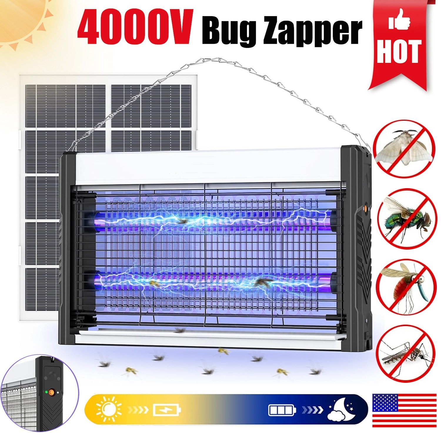 Solar Bug Zapper Outdoor, USB Rechargeable UV Mosquito Zapper + 7.5W Solar Panel
