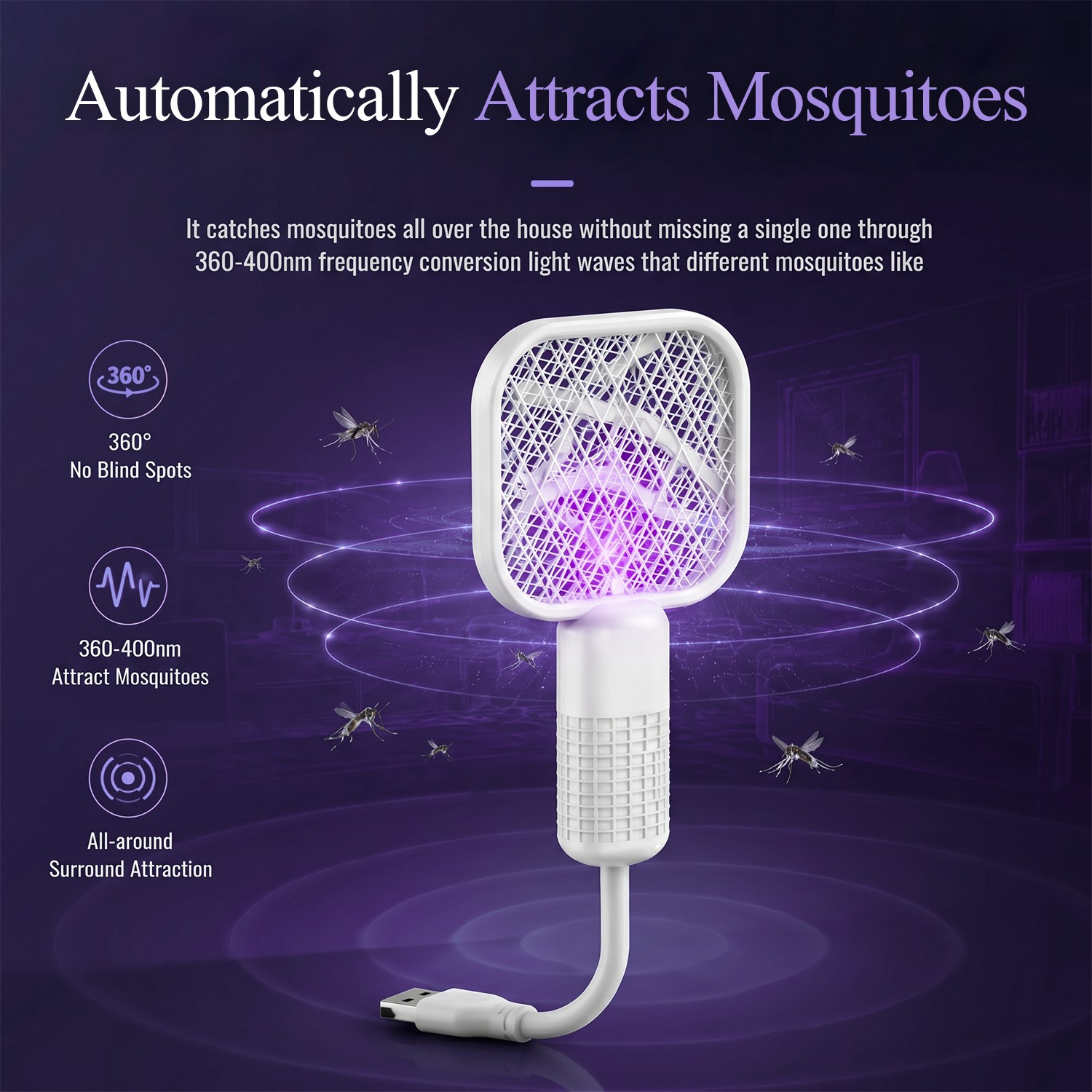 Electric Fly Swatter Racket, 2 in 1 Electric Bug Zapper USB Rechargeable (White)