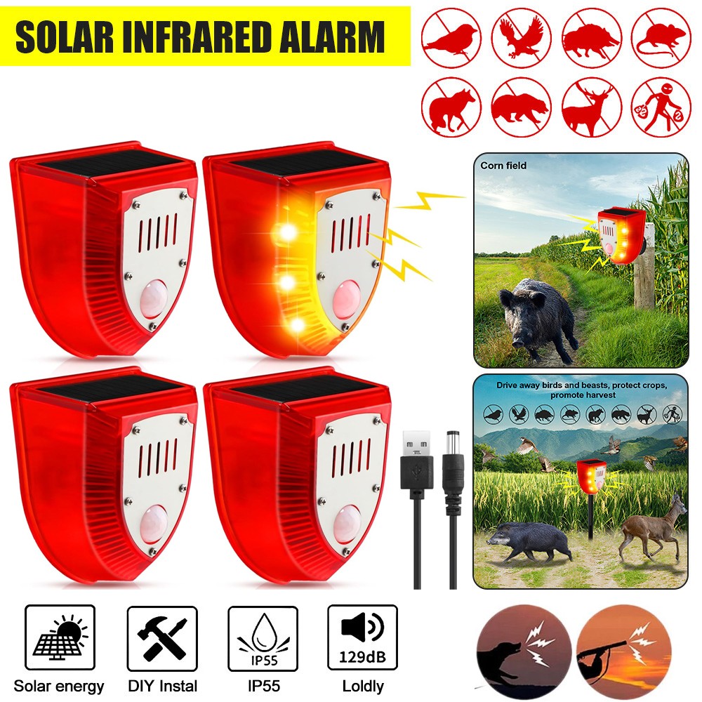 4PCS Solar Outdoor Motion Sensor Alarm-129db Dog Barking & Gunshot USB Charge