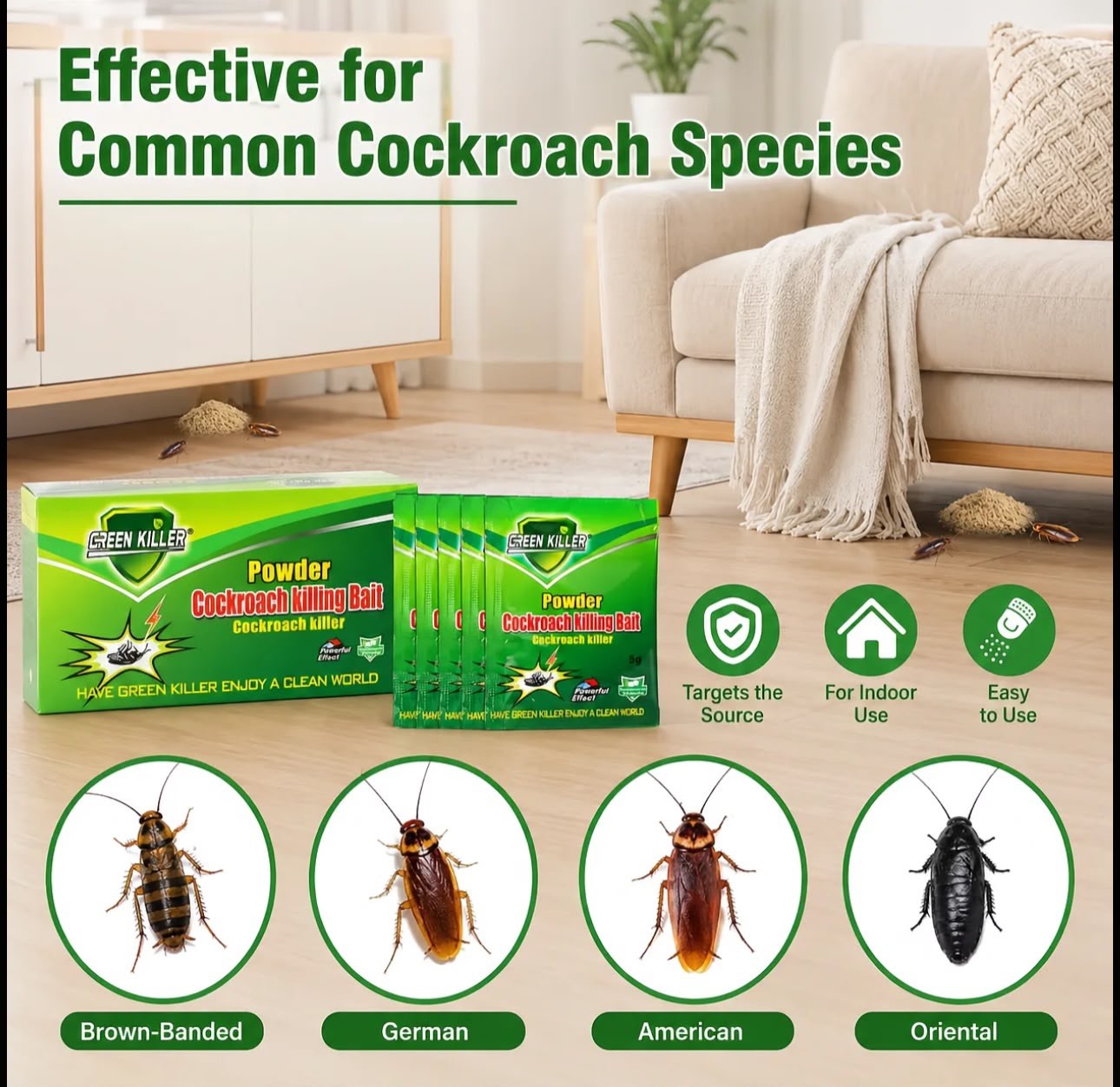 Green Killer Cockroach Killing Powder Bait, Roach Killing Bait Method, 5 g 50pcs