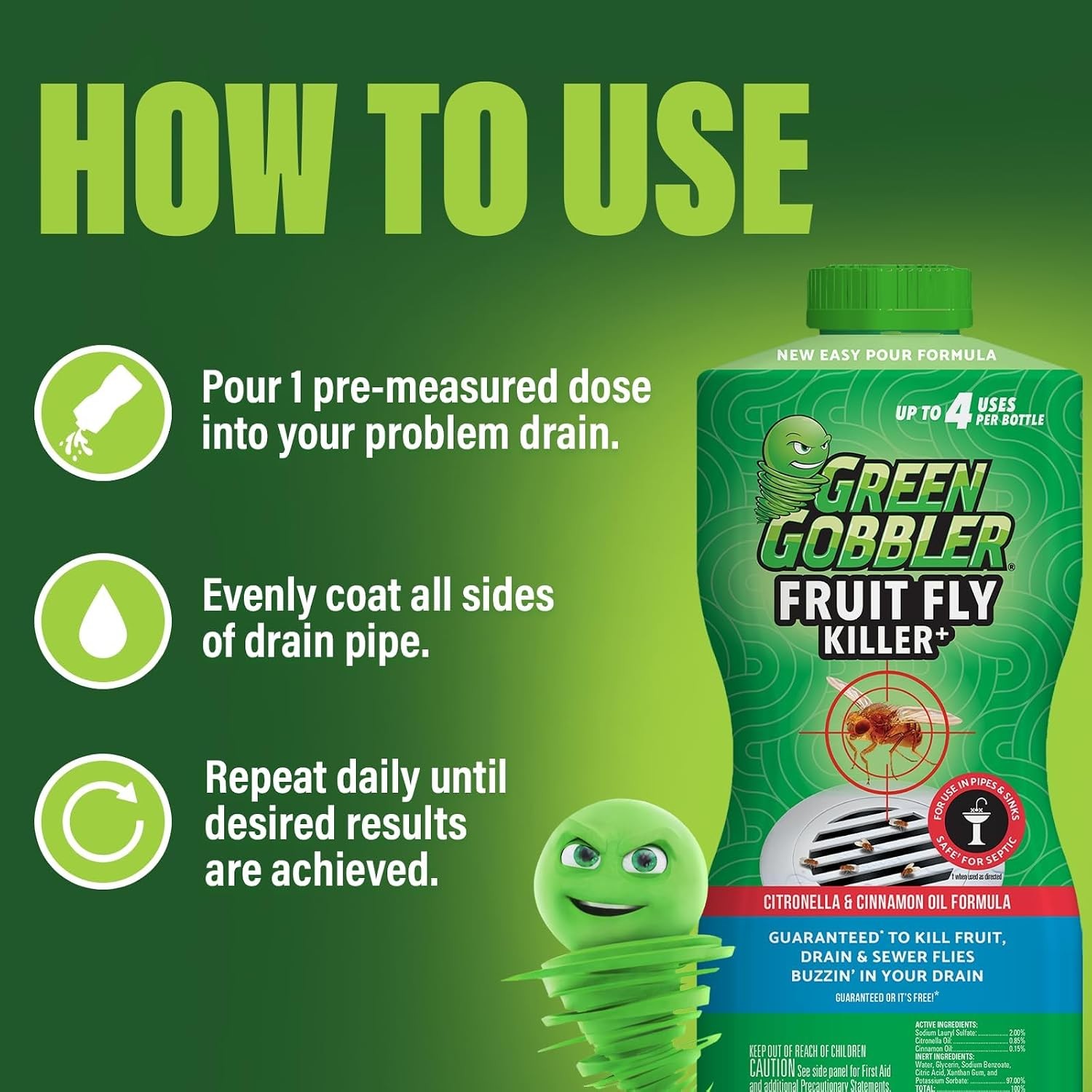 Green Gobbler Fruit Fly Killer Gel 32oz Drain Fly Treatment Septic Safe