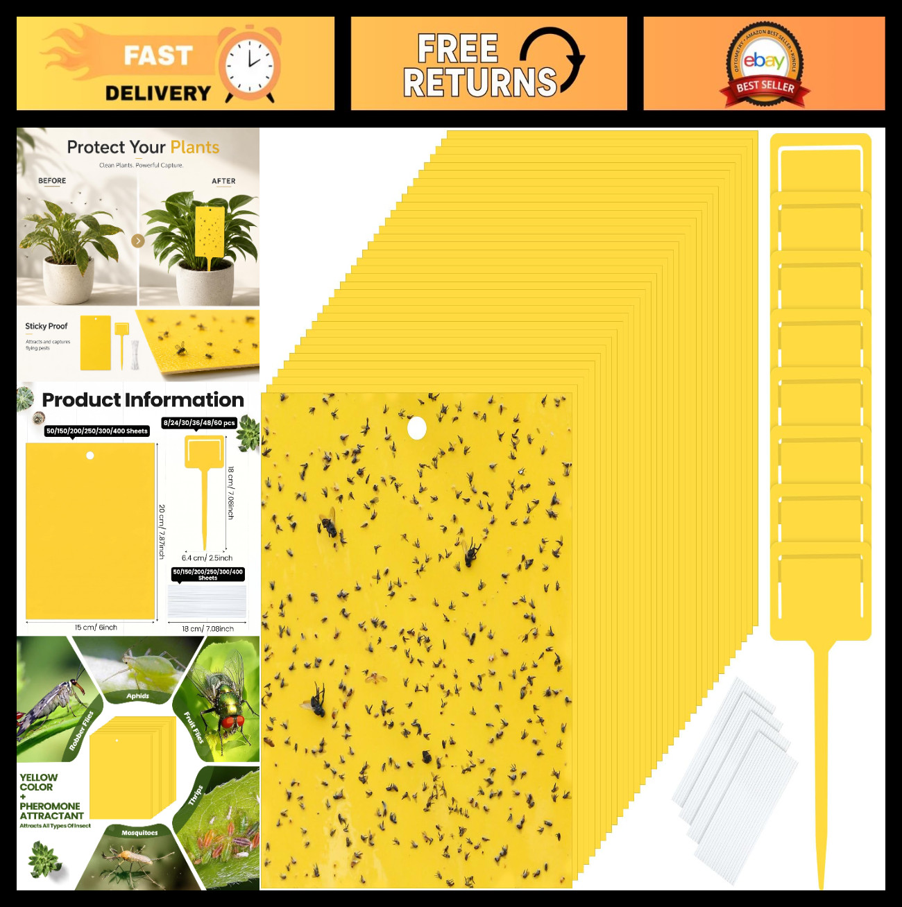 300 Pcs Yellow 6″x8″ Dual-Sided Sticky Traps for Gnats, Fruit Flies & Bugs – Ind