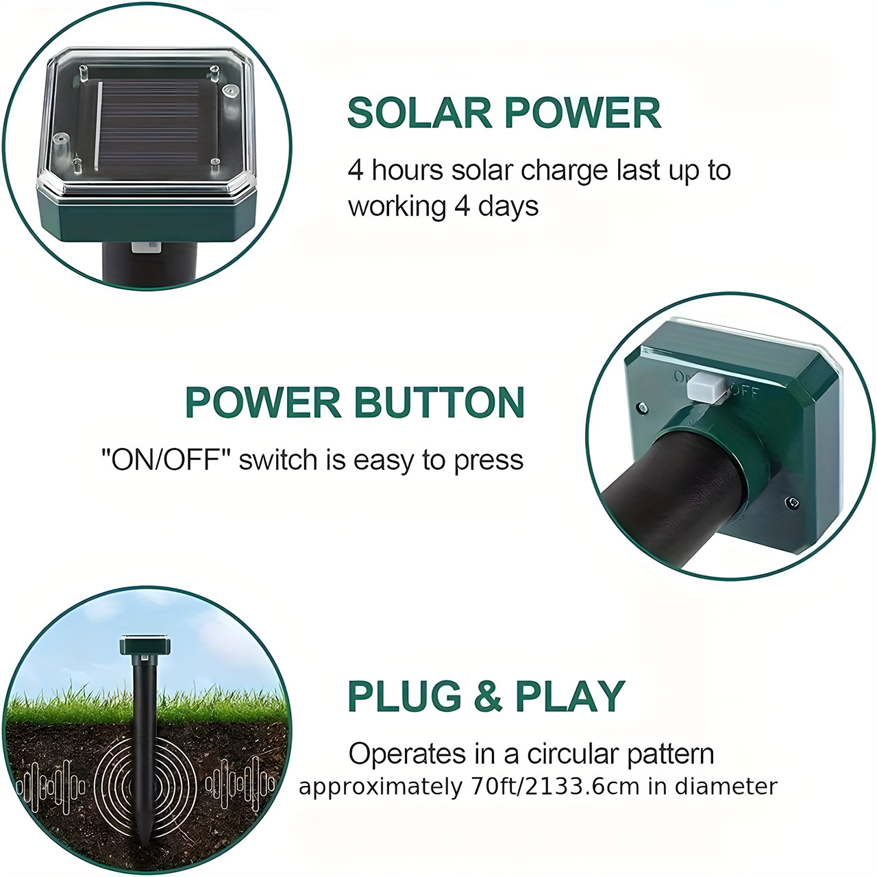1 Pcs Mole Repellent Ultrasonic Solar Powered Animal Repellent for Outdoor Lawn
