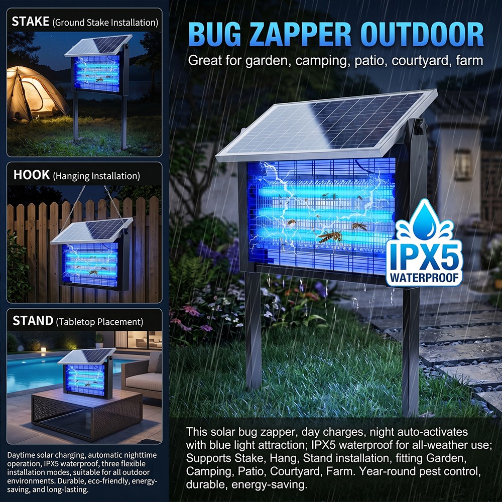Waterproof Solar Bug Zapper Outdoor 4500V Mosquito Zapper Electric Fly Zapper