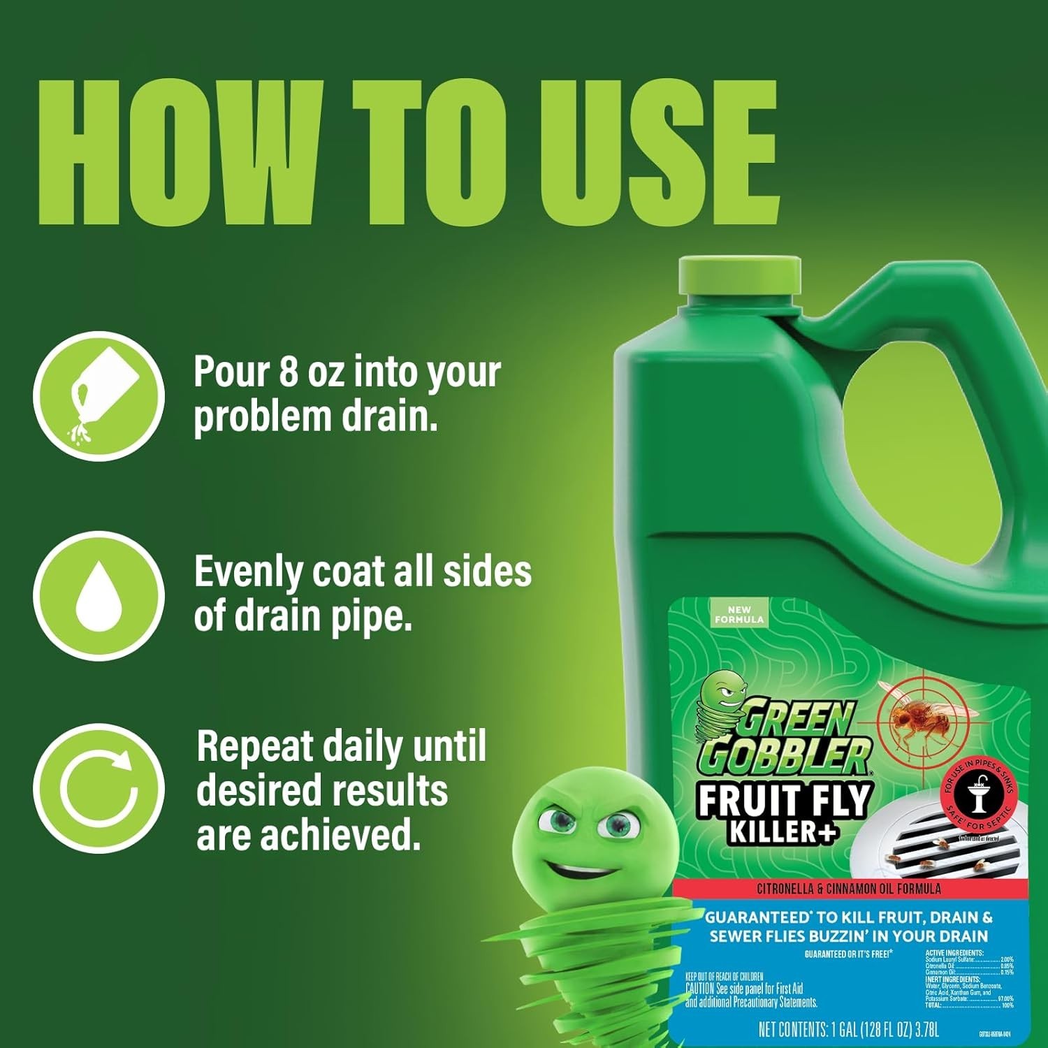 Fruit Fly Killer Gel Drain & Sewer Fly Treatment | Sinks Pipes | 32oz /1 Gallon