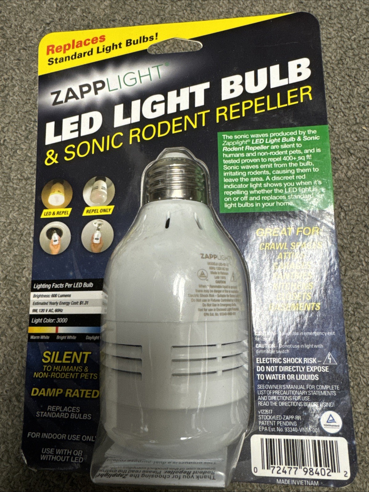 ZAPPLIGHT LED Light Bulb And Sonic Rodent Repeller 600 Lumens