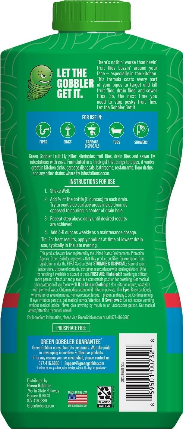 Green Gobbler Fruit Fly Killer Gel 32oz Drain Fly Treatment Septic Safe