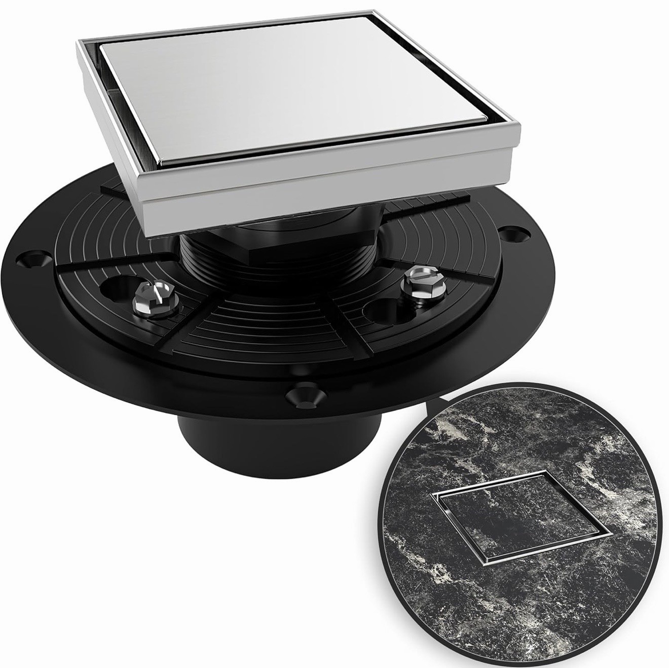 WEBANG 4 Inch Shower Square Drain Brushed Floor Drain with Flange Reversible