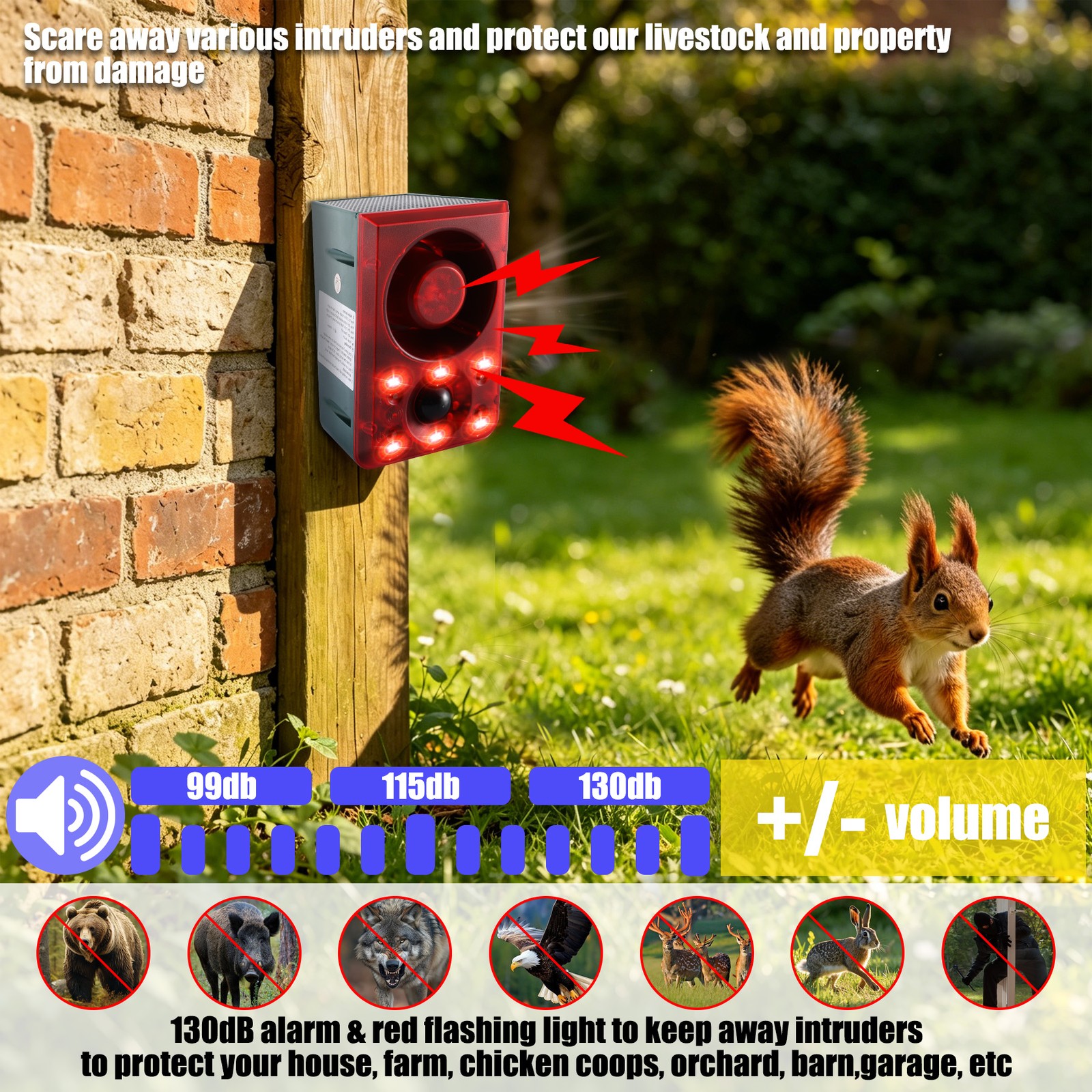Solar Outdoor Motion Sensor Alarm 130dB Dog Barking & Gunshot Sound Strobe Light