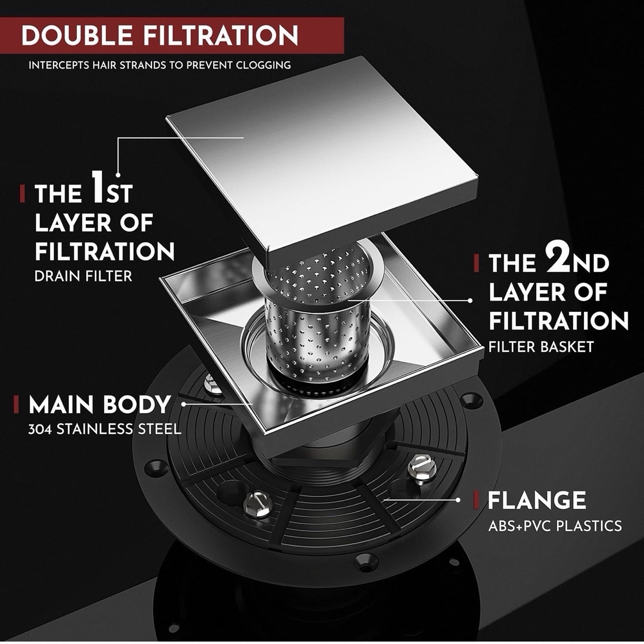 WEBANG 4 Inch Shower Square Drain Brushed Floor Drain with Flange Reversible
