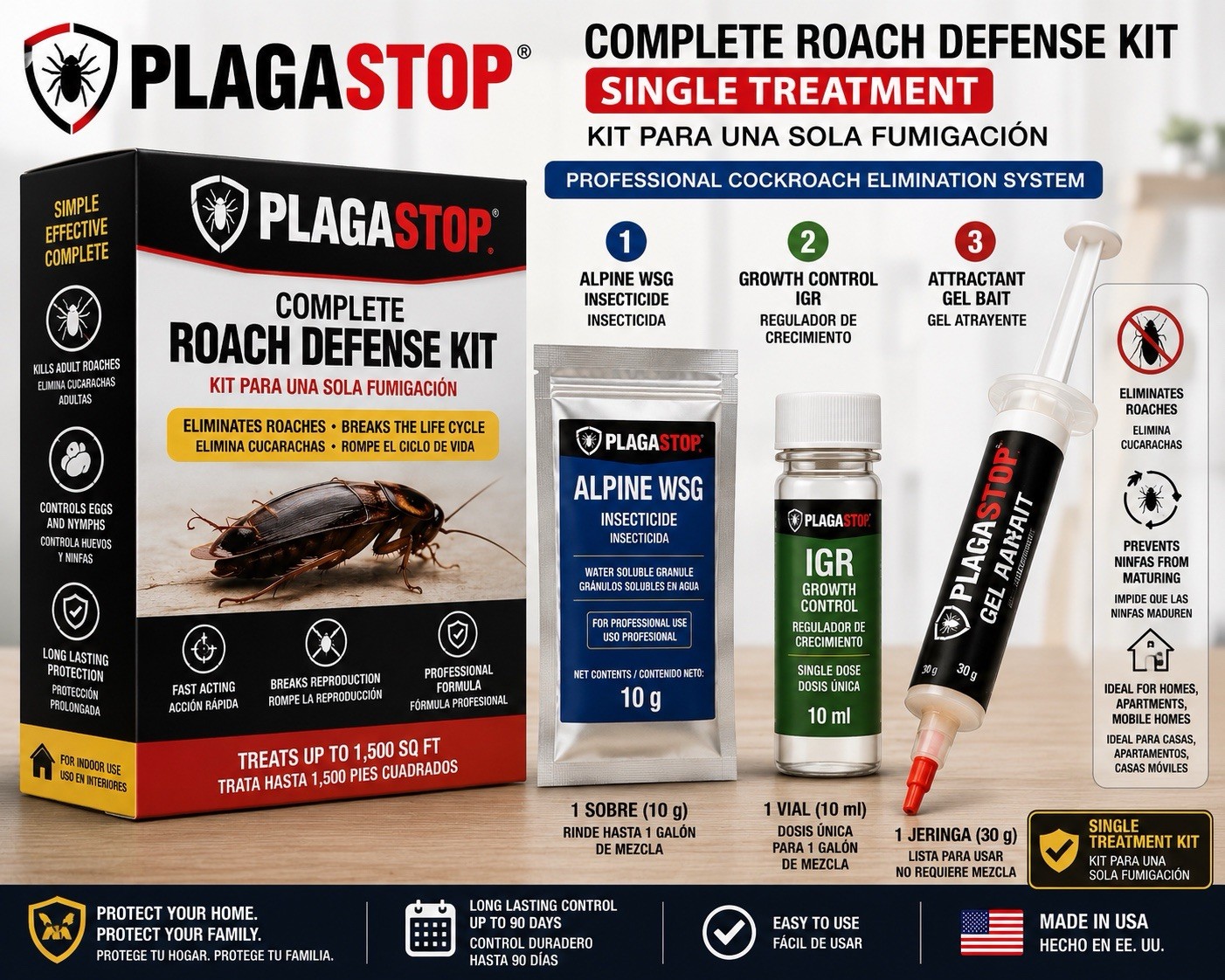PLAGASTOP Complete Roach Defense Kit Indoor Home 90-Day Protection, 1 Pack